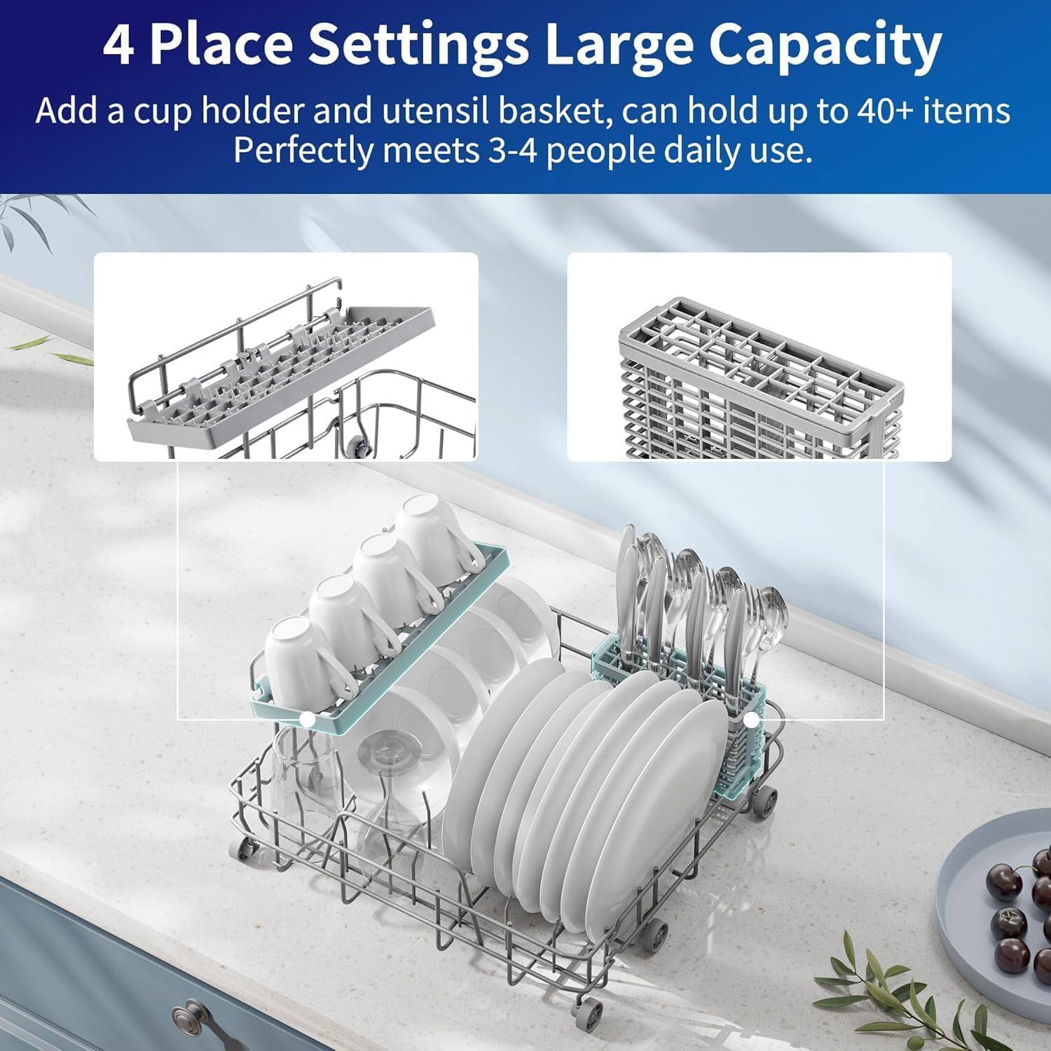 4 Place Settings Large Capacity  
Add a cup holder and utensil basket, can hold up to 40+ items  
Perfectly meets 3-4 people daily use.