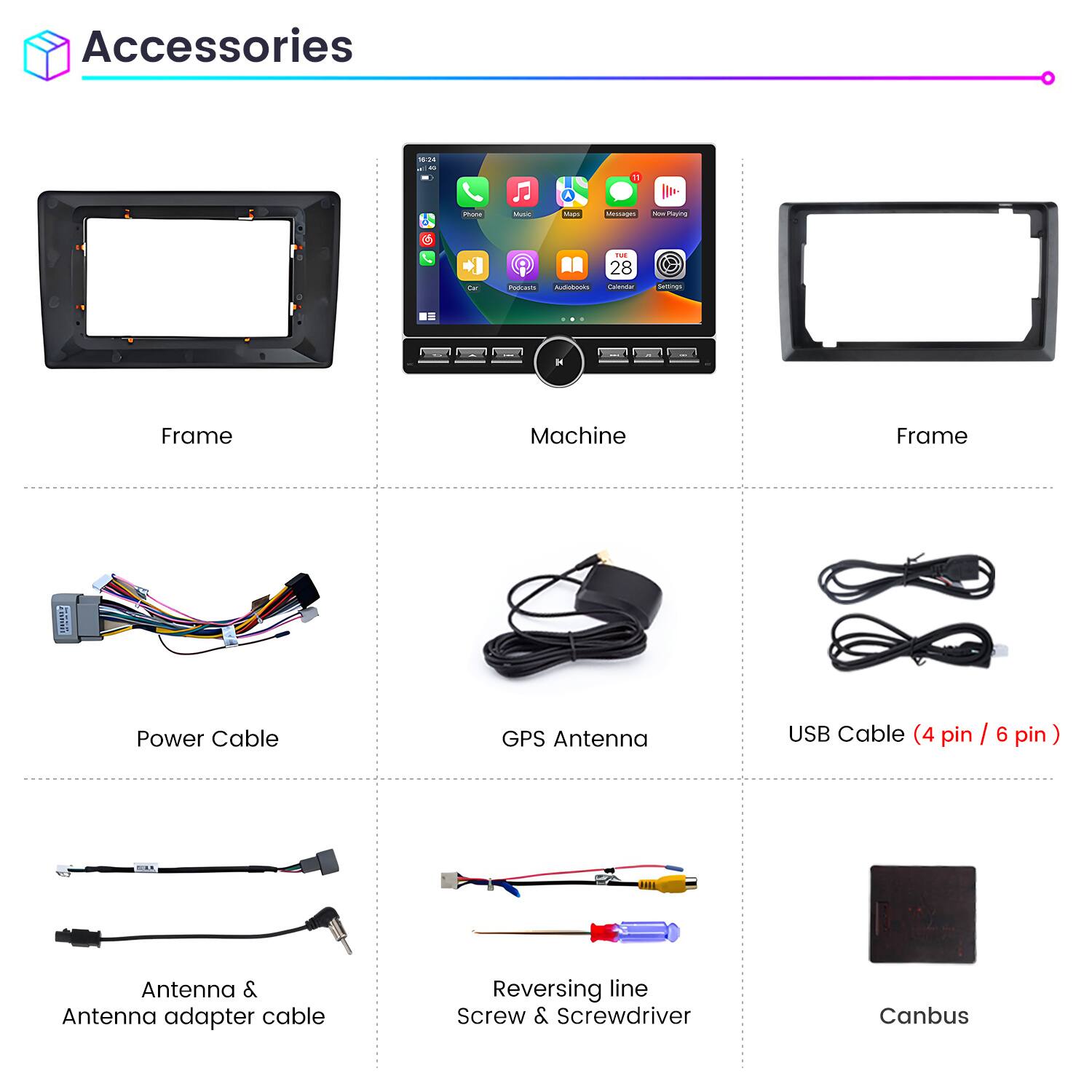 Accessories

- Frame
- Machine
- Frame
- Power Cable
- GPS Antenna
- USB Cable (4 pin / 6 pin)
- Antenna & Antenna adapter cable
- Reversing line Screw & Screwdriver
- Canbus