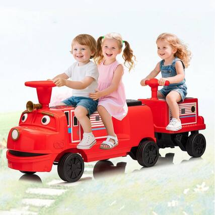 Front. Qeetex - 12V Kids Ride On Toy Car, 3-Seater Ride On Train Trackless , Red.