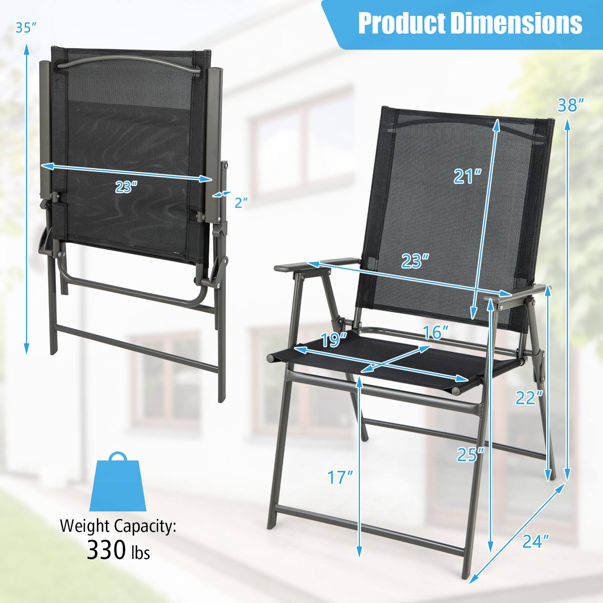Product Dimensions

- Height: 35"
- Width: 23"
- Depth: 2"

- Height: 38"
- Width: 23"
- Depth: 21"
- Seat Height: 19"
- Seat Depth: 16"
- Armrest Height: 22"
- Base Width: 25"
- Base Depth: 24"

Weight Capacity: 330 lbs