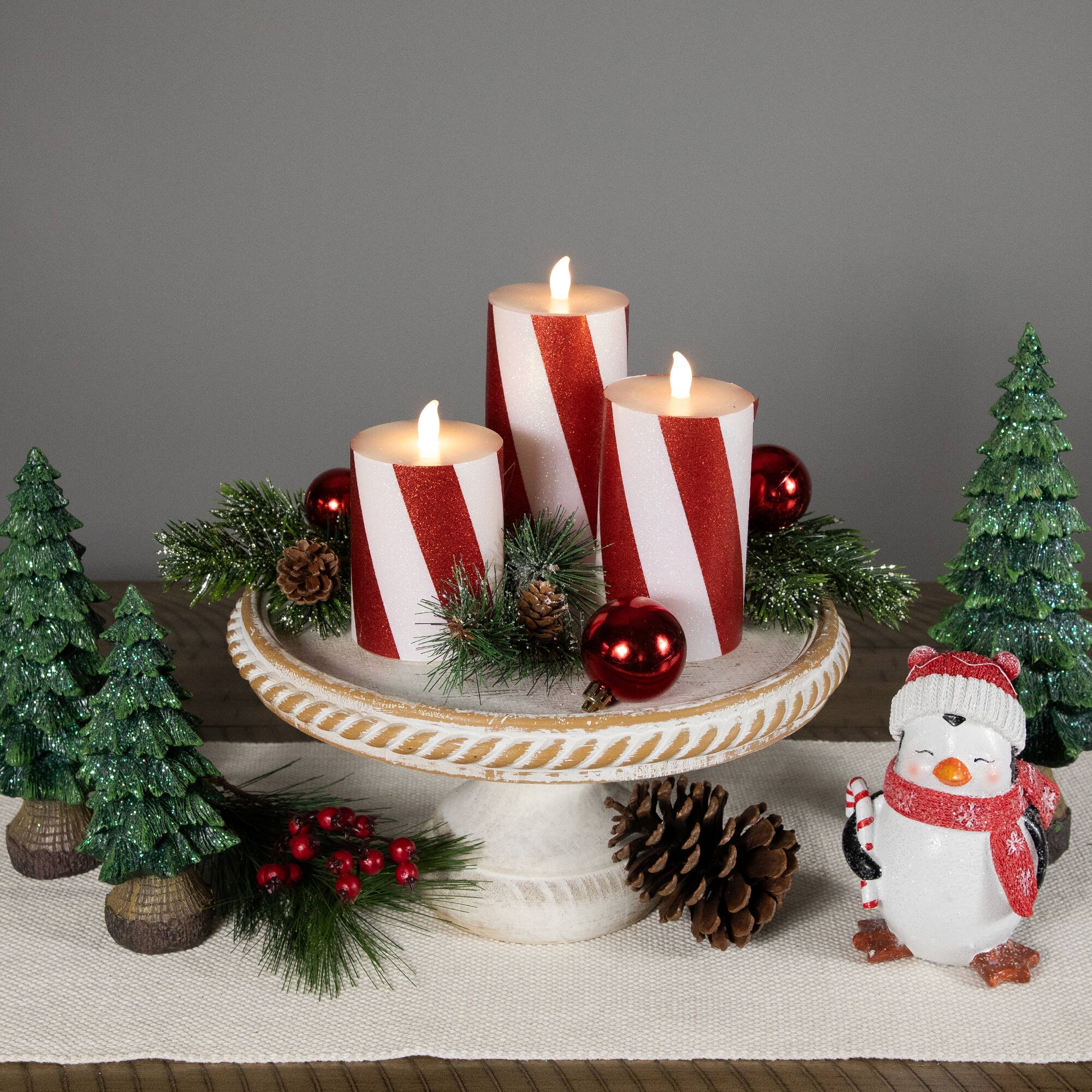 Alt View 1. Northlight - LED Flameless Flickering Candy Cane Wax Pillar Christmas Candles - 6" - Set of 3 - Red.