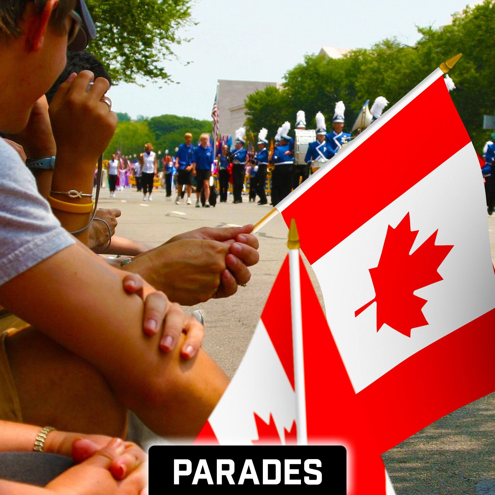 Alt View 1. G128 - 12 Pack Handheld Canada Flags 12 x 18 in, 150D Polyester with Wooden Stick and Gold Spear Tip. - Assorted Colors.