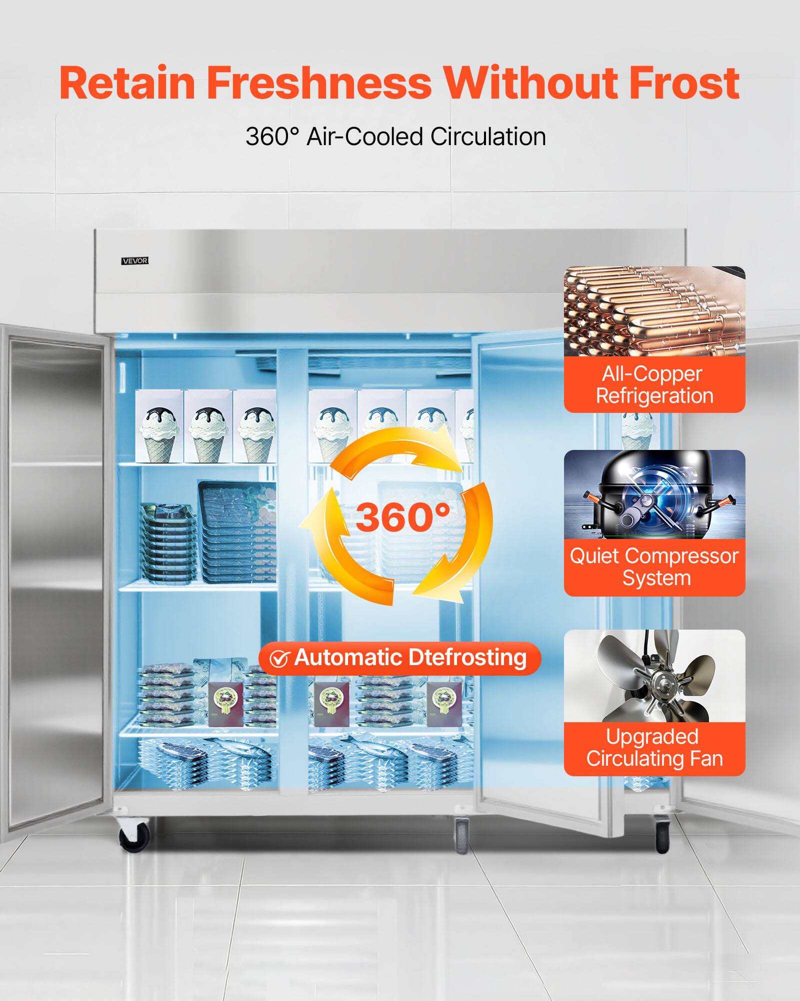 Retain Freshness Without Frost  
360° Air-Cooled Circulation  
VIVA All-Copper Refrigeration  
360° Quiet Compressor System  
Automatic Defrosting  
Upgraded Circulating Fan