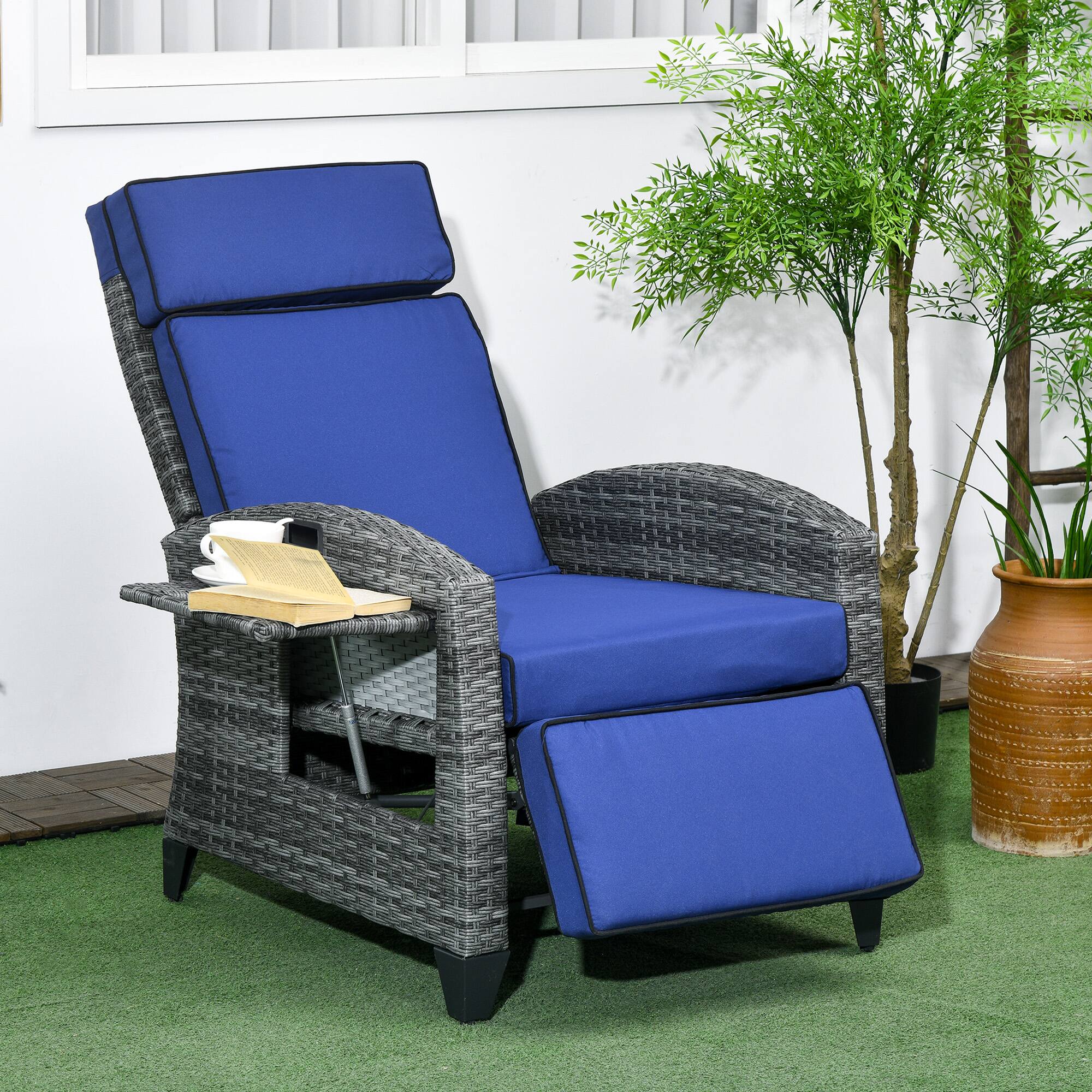 Alt View 1. Outsunny - Outdoor Recliner Chair with Cushions, PE Wicker Reclining Patio Lounge Chair with Adjustable Footrest, Armrests - Blue.