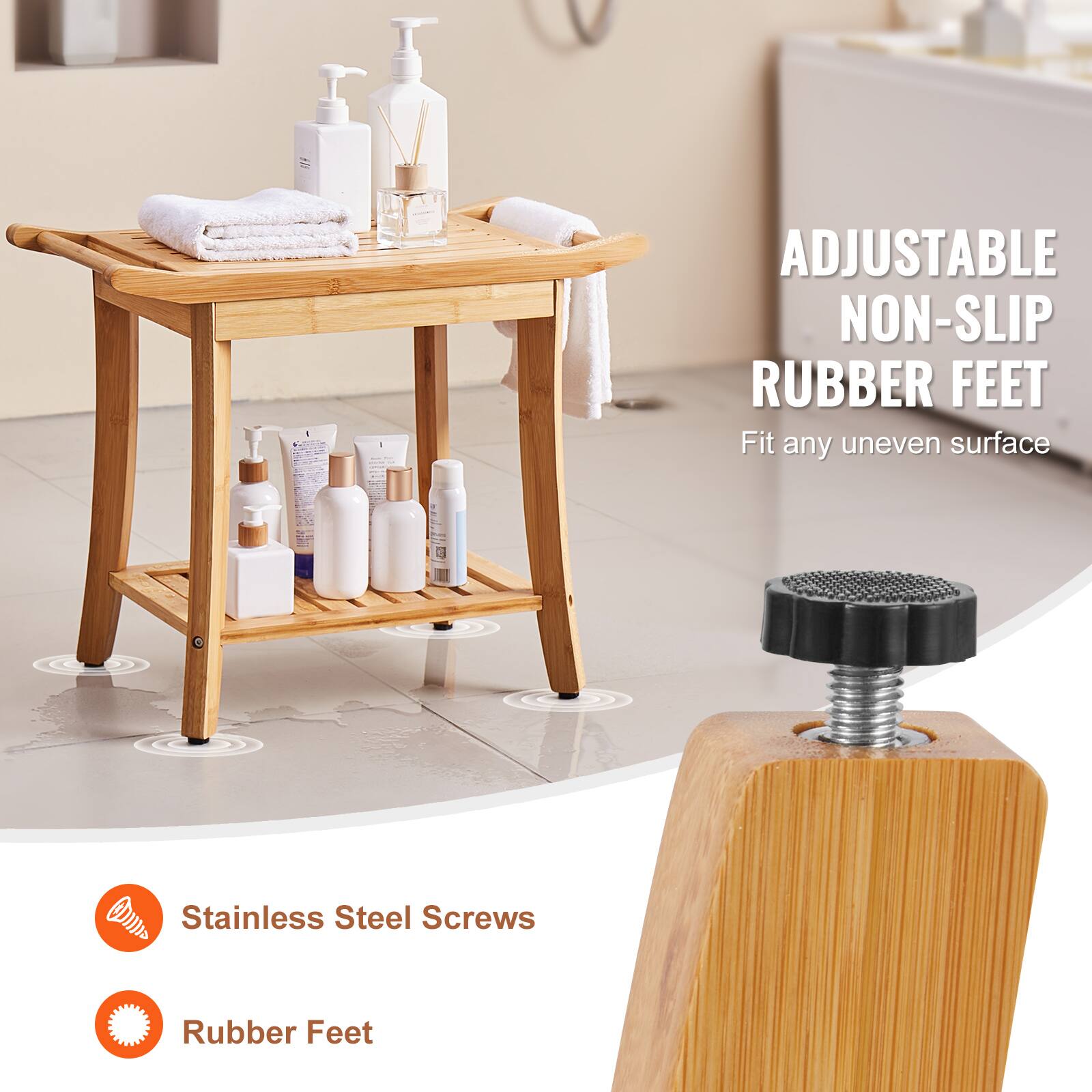 ADJUSTABLE NON-SLIP RUBBER FEET  
Fit any uneven surface  

Stainless Steel Screws  
Rubber Feet