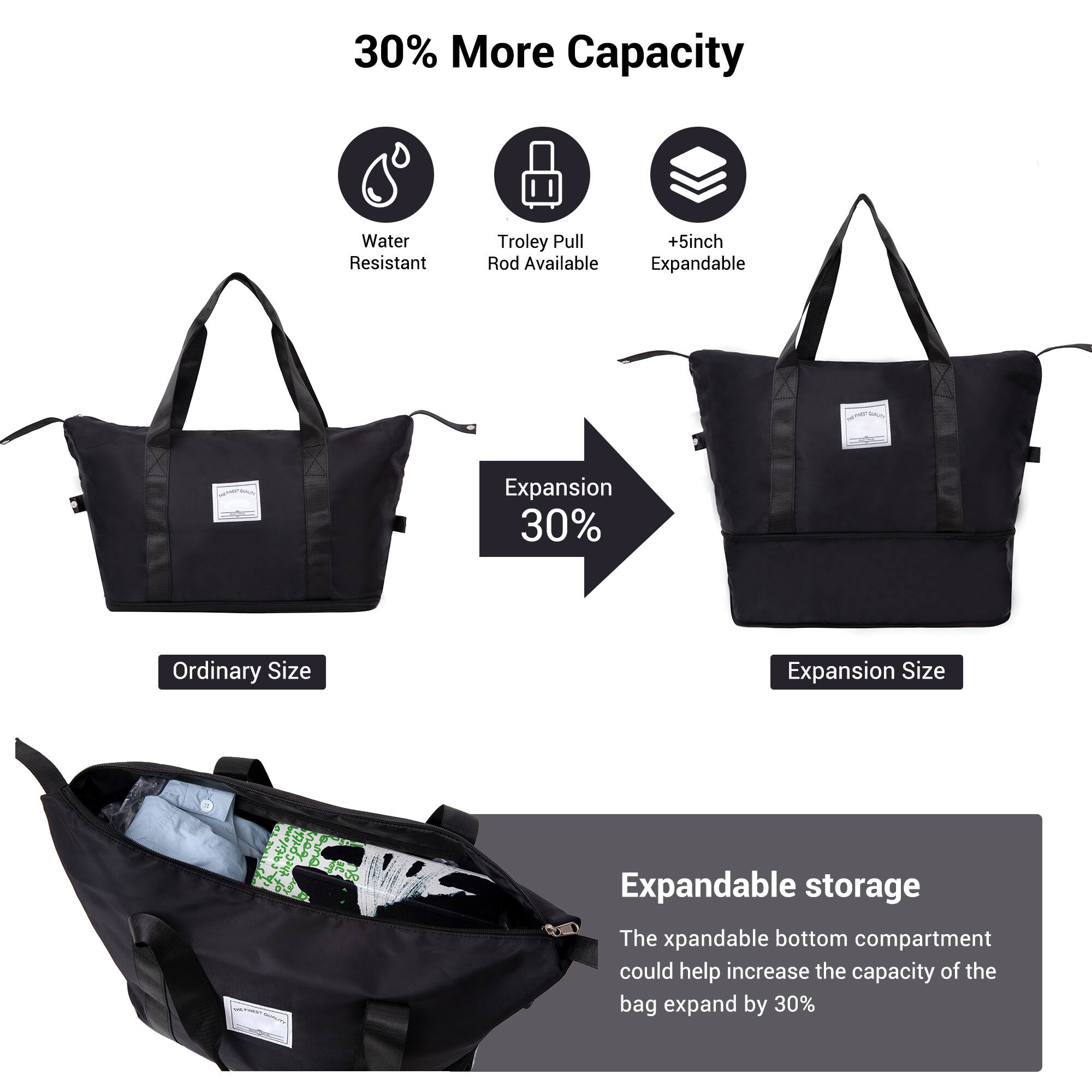 30% More Capacity

- Water Resistant
- Trolley Pull Rod Available
- +5inch Expandable

Ordinary Size → Expansion 30% → Expansion Size

Expandable storage

The expandable bottom compartment could help increase the capacity of the bag expand by 30%