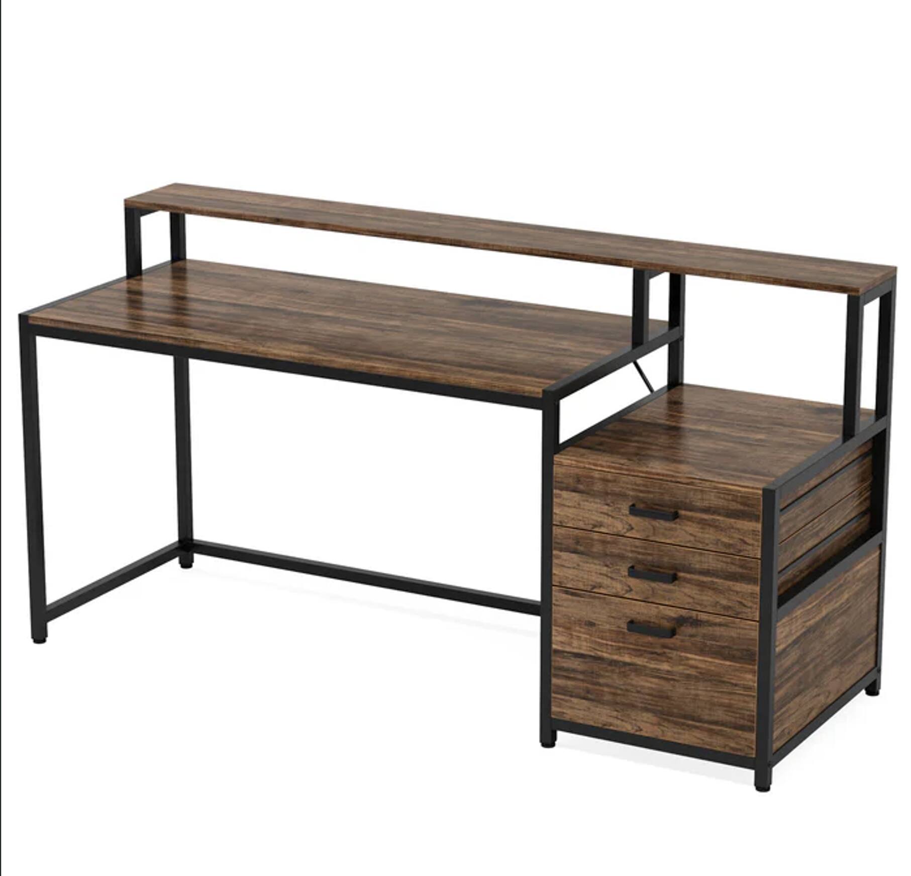 Angle. Forest'nSky - Writing Desk with Drawers & Storage for Office, Study & Gaming,Rustic Brown - Rustic Brown.