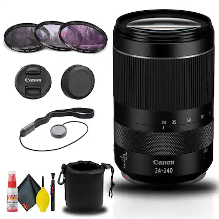 - SONESA CPL 72mm
- SONESA UV 72mm
- Canon 24-240mm
- Canon Lens Cap
- Canon Lens Hood
- Lens Cleaning Kit (includes spray, cloth, and brush)
- Lens Cleaning Pouch
- Lens Strap