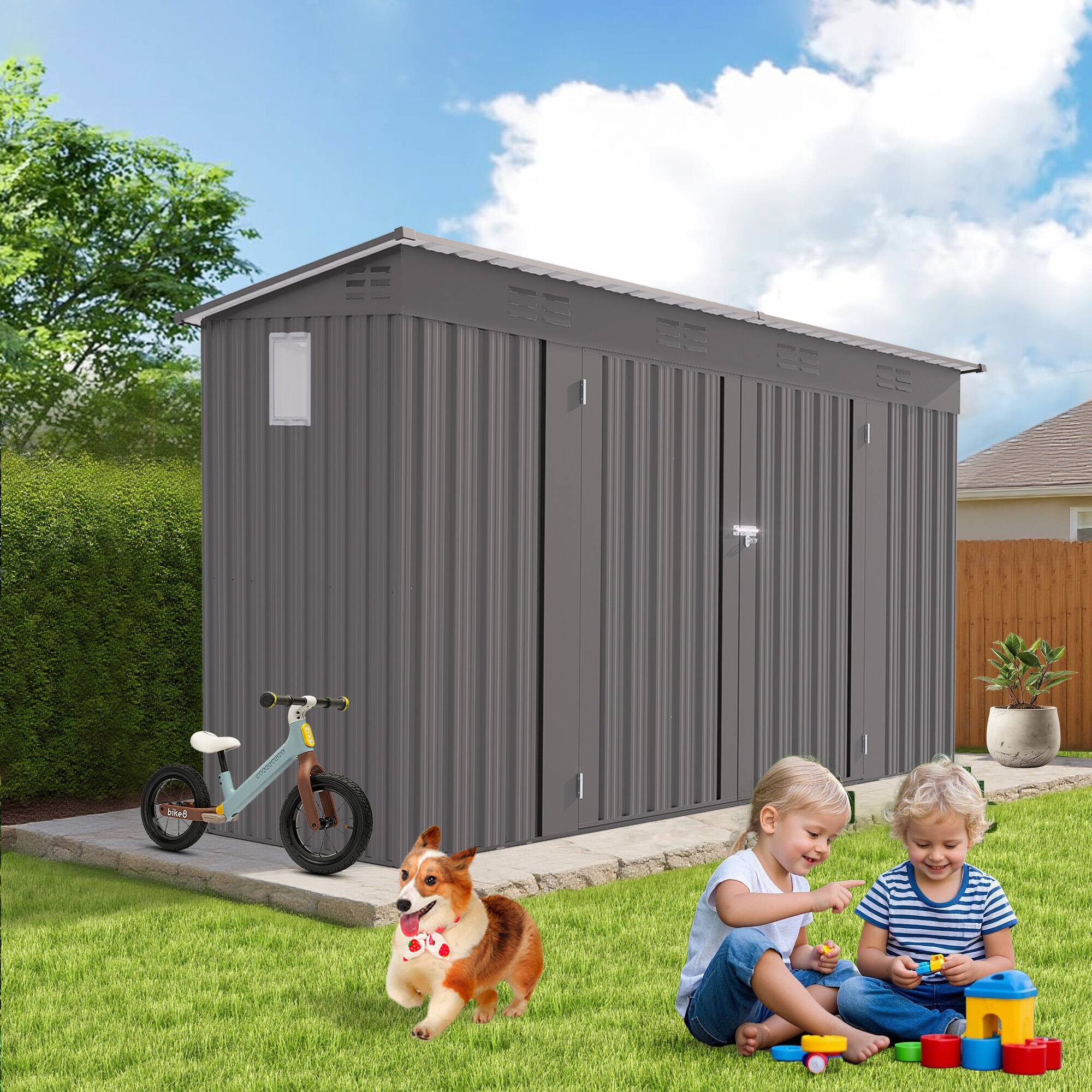 Back. Loheer - Loheer 4x9 Metal Storage Shed with Sloping Roof and Swing Doors Gray.