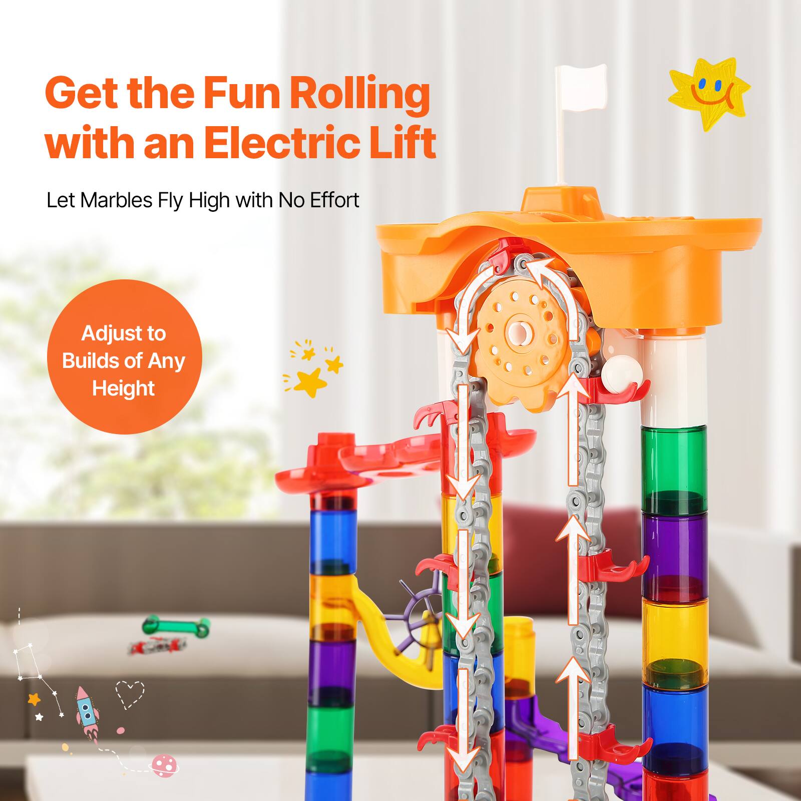 Get the Fun Rolling with an Electric Lift

Let Marbles Fly High with No Effort

Adjust to Builds of Any Height