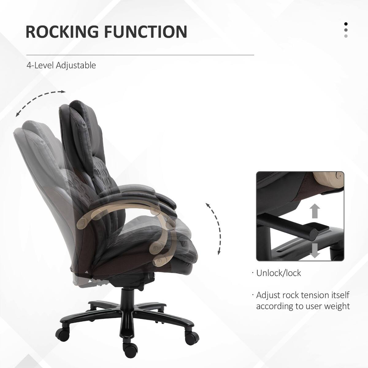 ROCKING FUNCTION

4-Level Adjustable

- Unlock/lock
- Adjust rock tension itself according to user weight