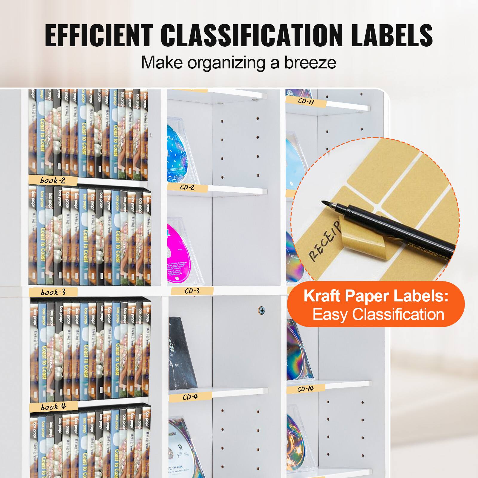 EFFICIENT CLASSIFICATION LABELS  
Make organizing a breeze  

Kraft Paper Labels: Easy Classification  

book-2  
CD-2  

book-3  
CD-3  

book-4  
CD-4  

CD-11  
CD-14
