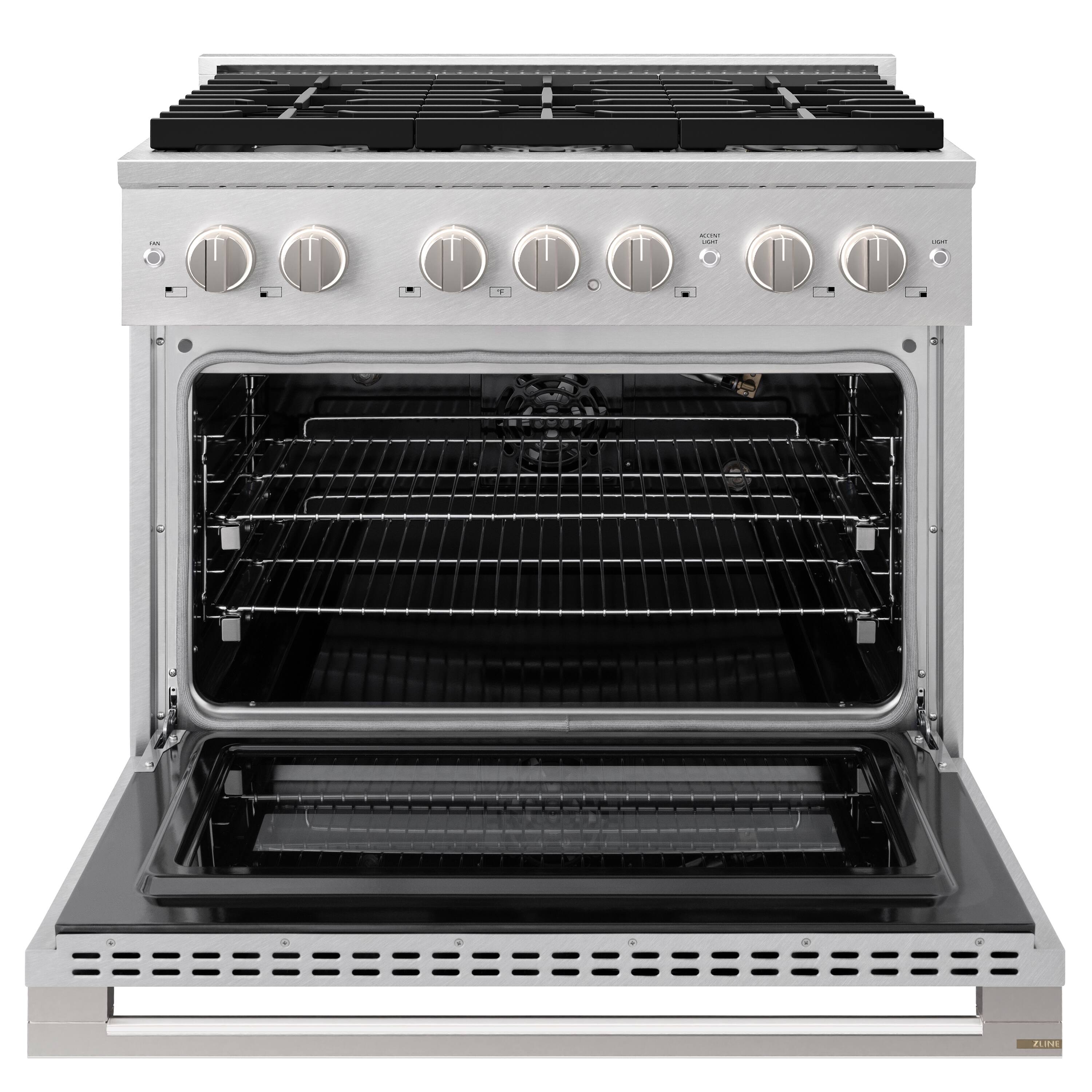 Angle. ZLINE - 36 in. 5.2 cu. ft. Marino Freestanding Gas Range with 6 Burner Cooktop and Manual Clean Convection Gas Oven - Satin Stainless Steel.