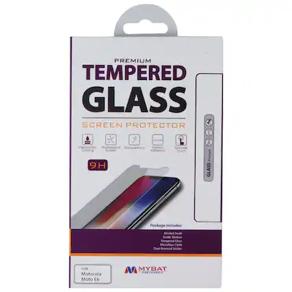 PREMIUM TEMPERED GLASS SCREEN PROTECTOR
- Oleophobic Coating
- Shatterproof Screen
- Transparency
- Perfect Adhesion
- Delicate Touch
9H
Package Includes:
- Alcohol Swab
- Guide Stickers
- Tempered Glass
- Microfiber Cloth
- Dust Removal Sticker
FOR Motorola Moto E6
MYBAT PREFERRED