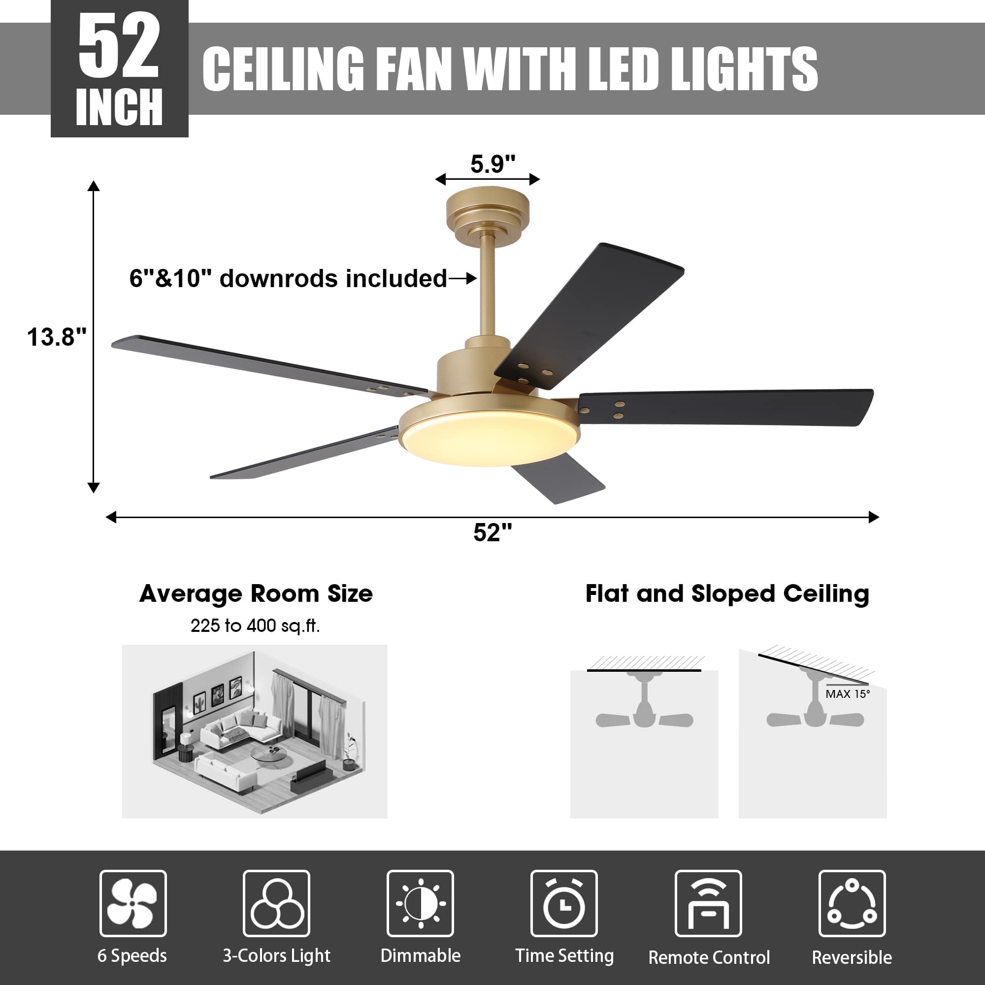 52 INCH CEILING FAN WITH LED LIGHTS
- 5.9"
- 6" & 10" downrods included
- 13.8"
- 52"
- Average Room Size: 225 to 400 sq.ft.
- Flat and Sloped Ceiling MAX 15°
Features:
- 6 Speeds
- 3-Colors Light
- Dimmable
- Time Setting
- Remote Control
- Reversible