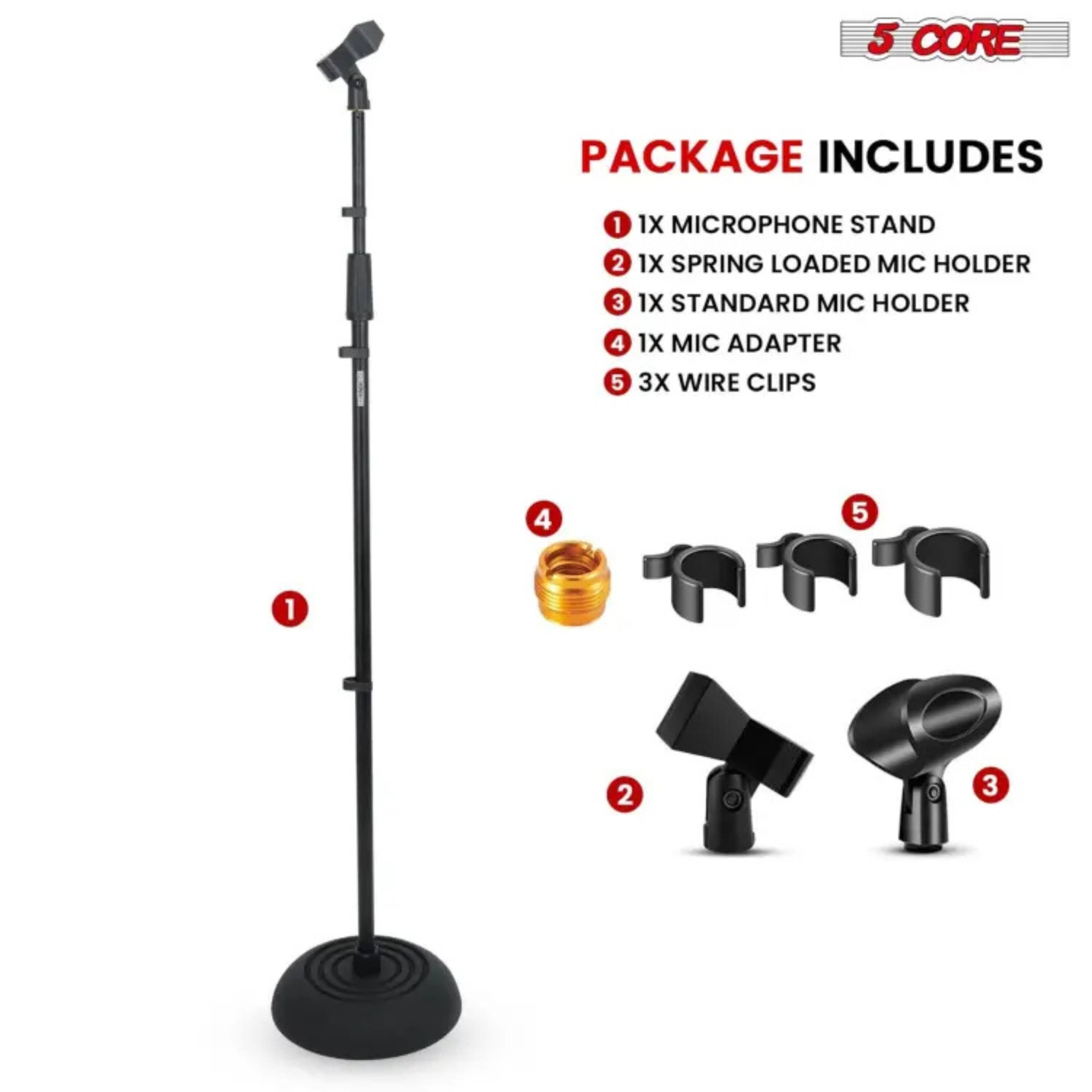 5 CORE PACKAGE INCLUDES  
1. 1X MICROPHONE STAND  
2. 1X SPRING LOADED MIC HOLDER  
3. 1X STANDARD MIC HOLDER  
4. 1X MIC ADAPTER  
5. 3X WIRE CLIPS