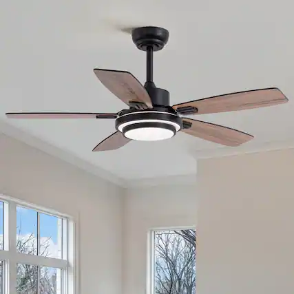 Front. Siljoy - 42 in Modern Black Ceiling Fan LED Light Remote Reversible 5 Gray and Oak Blades for Bedroom Living Room Patio - Black.