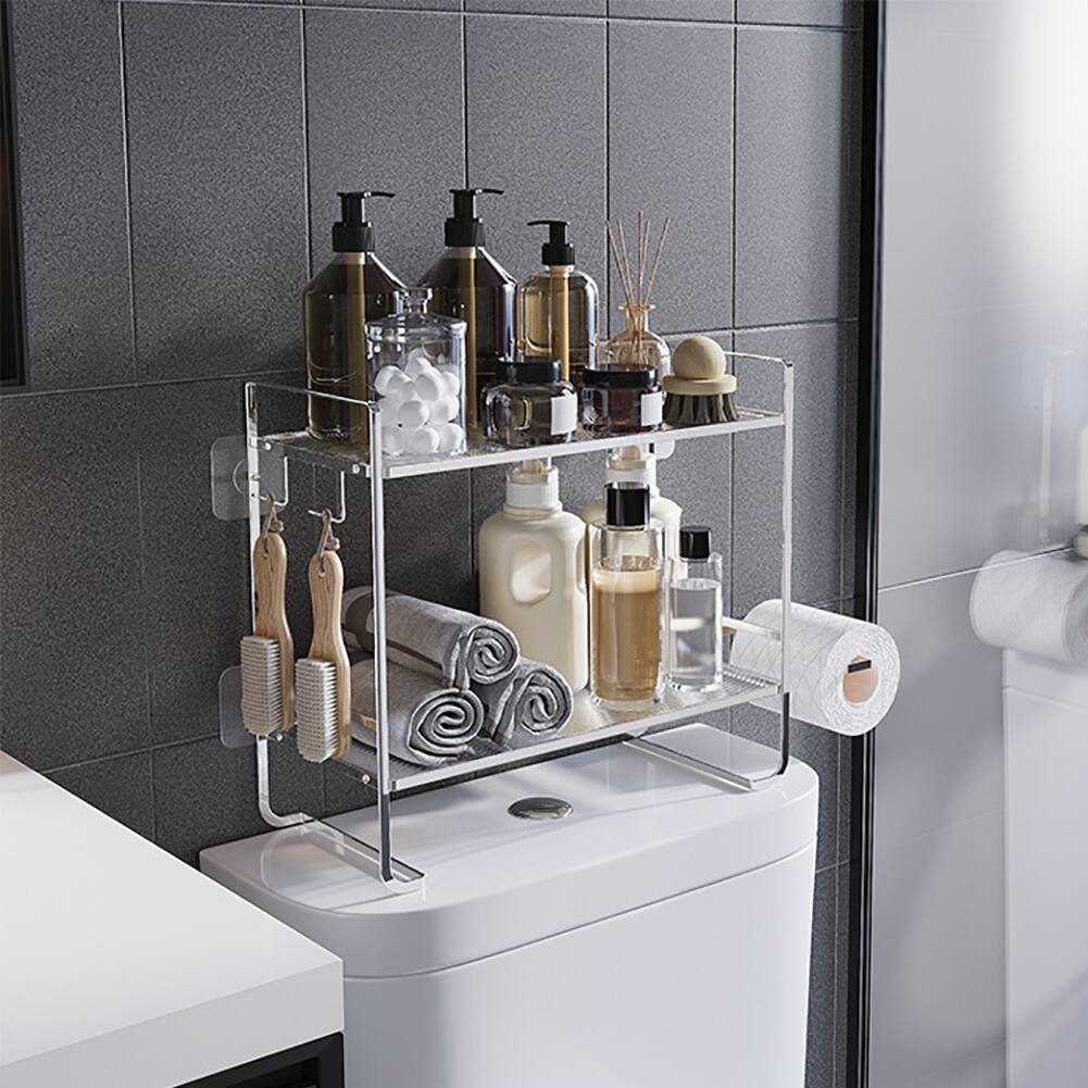 Front. GARVEE - Over Toilet Storage Shelf, 2-Tier Bathroom Organizer Rack with Toilet Paper Holder & Hooks,Space Saving Shelf,Silver - Silver.