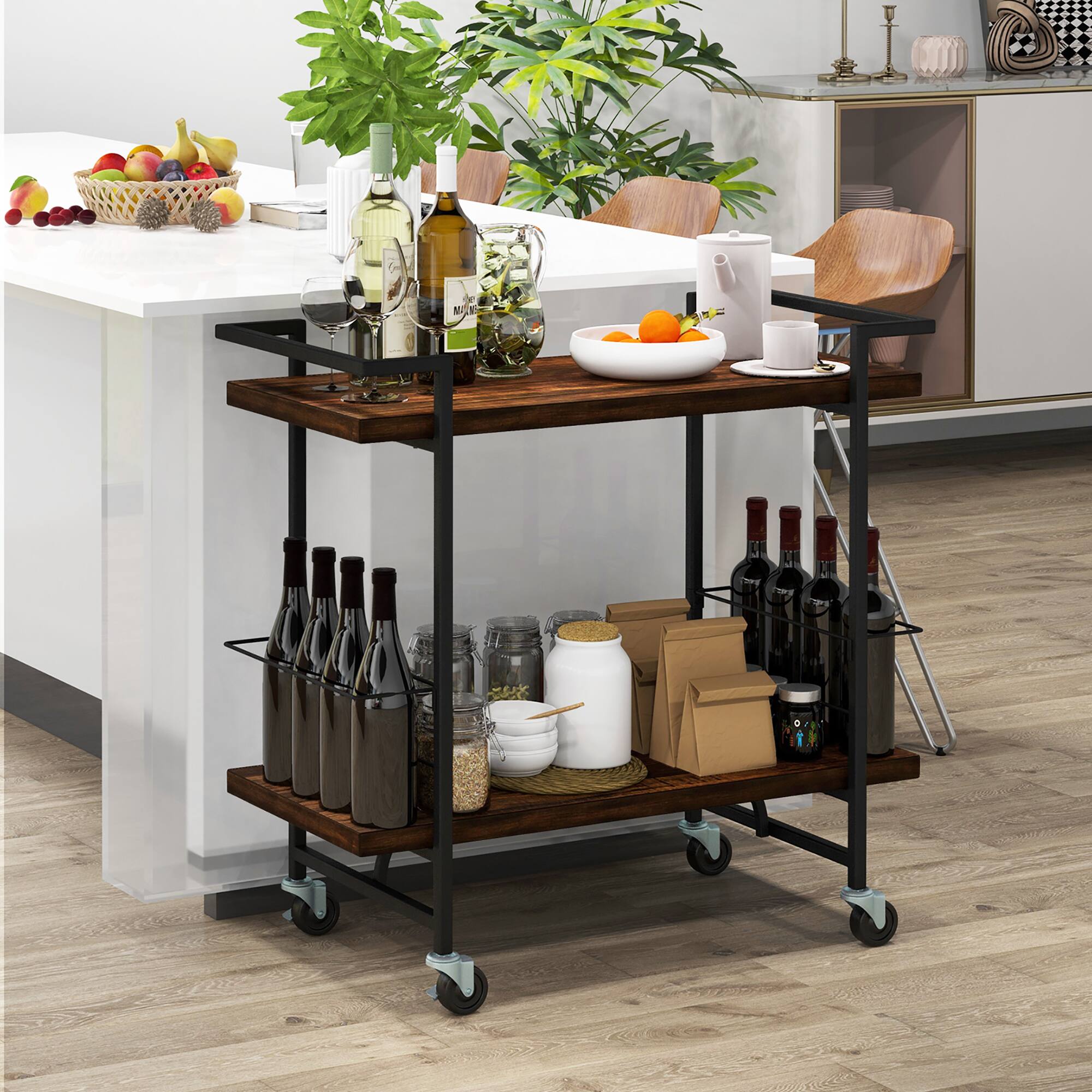 Alt View 1. Gymax - Gymax Home Bar Cart 2-tier Home Bar Cart w/ Lockable Wheels & Anti-fall Guardrail - Rustic Brown.