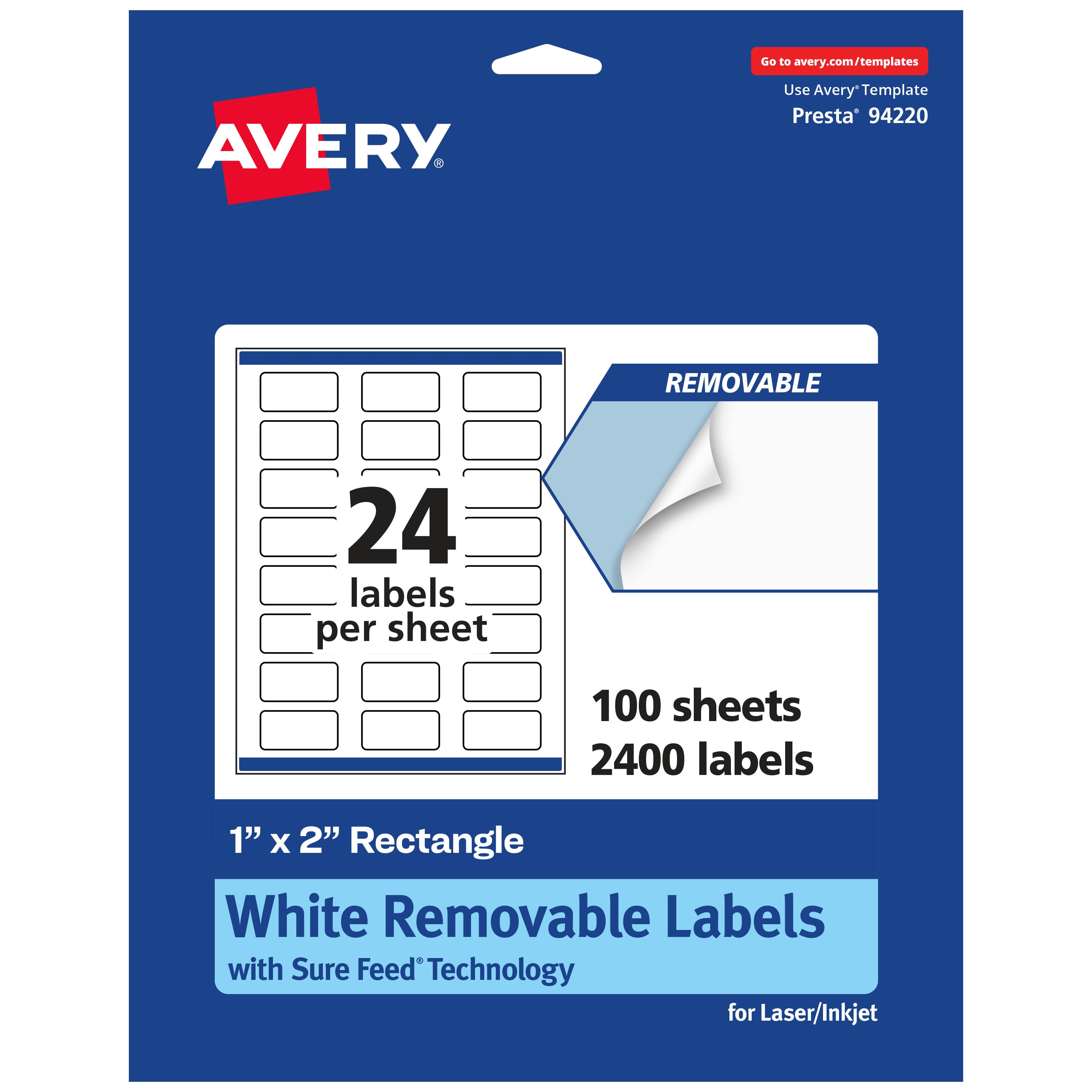 Avery - Removable Rectangle Labels, 1" x 2", 2,400ct - White