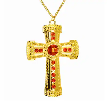 Front. Underwraps - Gold Cross Necklace With Red Jewels Adult Costume Accessory - Gold.