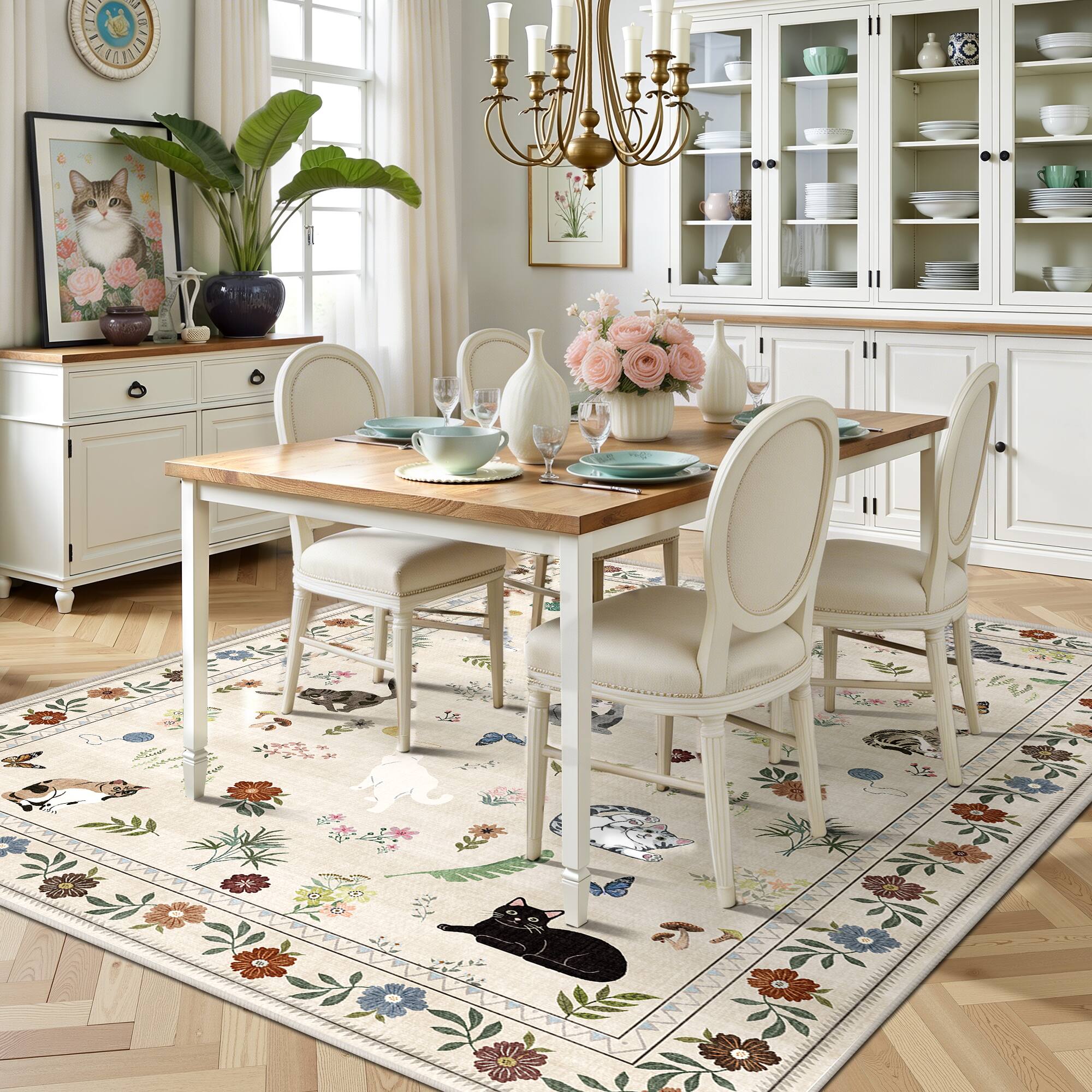 Alt View 3. KERDOM - Cat Illustration 6x9 ft Bedroom Rug, Large Kitten Floor Mat for Dinning Room, Low Pile Washable Area Carpet Animal Throw - Beige.