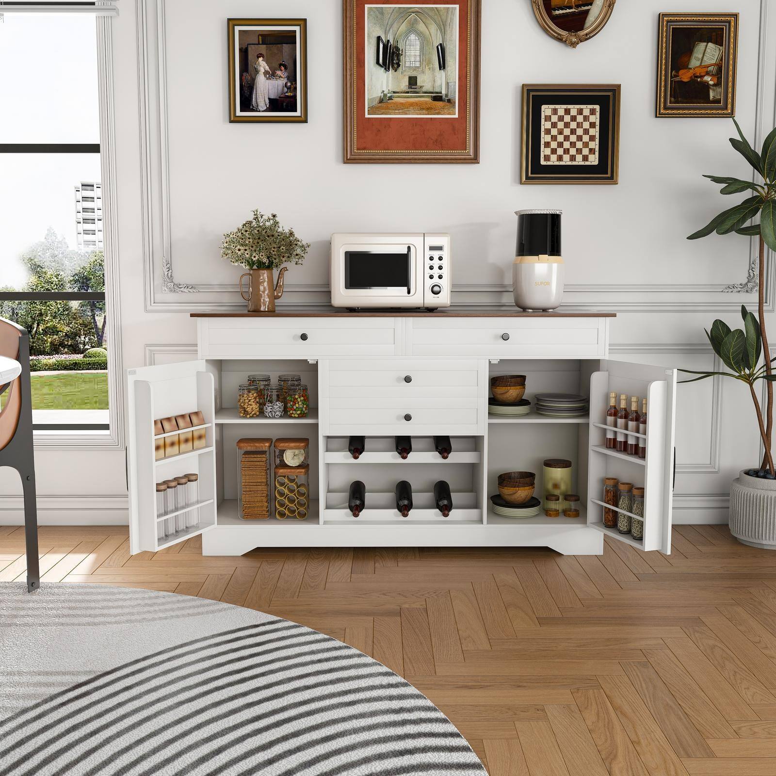 Angle. Spaco - Spaco 54" Farmhouse Buffet with Wood Top, Storage Cabinet Adjustable Shelves, 2 Drawers for Dining Room Kitchen Entryway - White+Walnut.