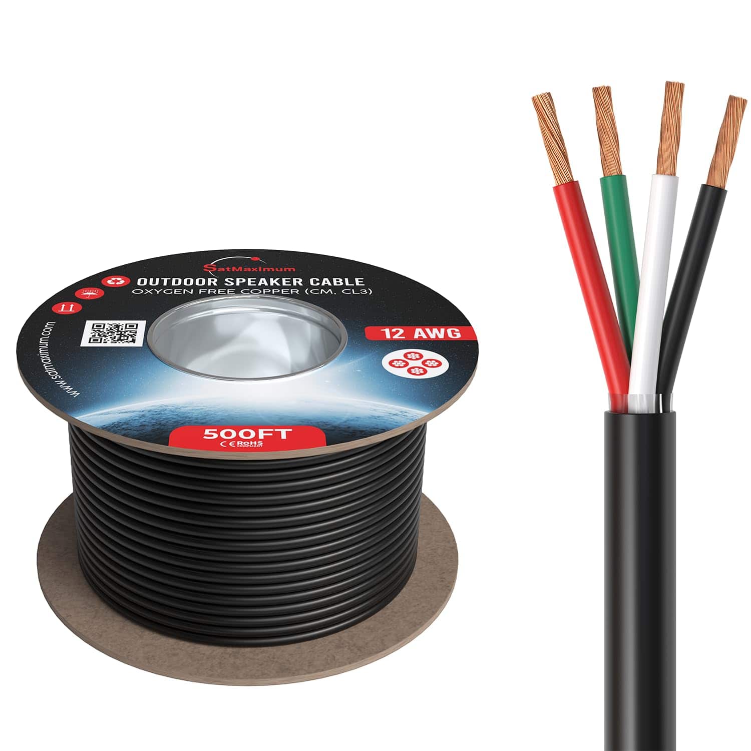 Cables Direct Online - 12/4 Speaker Wire 500ft Outdoor OFC Oxygen Free Copper CL3 CMR Direct Burial Bulk Cable Drum - Black