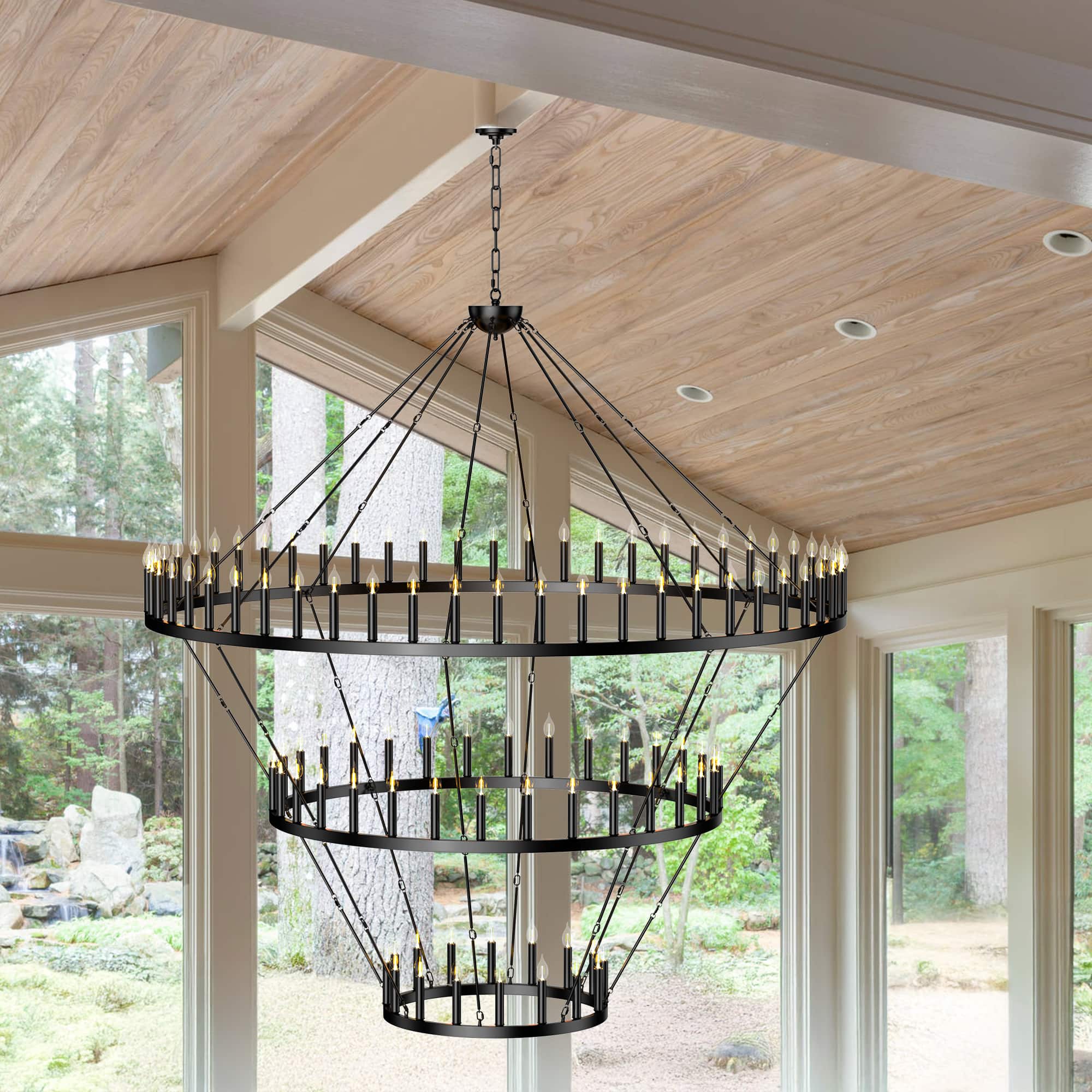 RYHNUYNE - 3-Tier 96-Light Extra Large Wagon Wheel Chandelier Adjustable Farmhouse Pendant Light for High Ceiling Dining Room Foyer - Black
