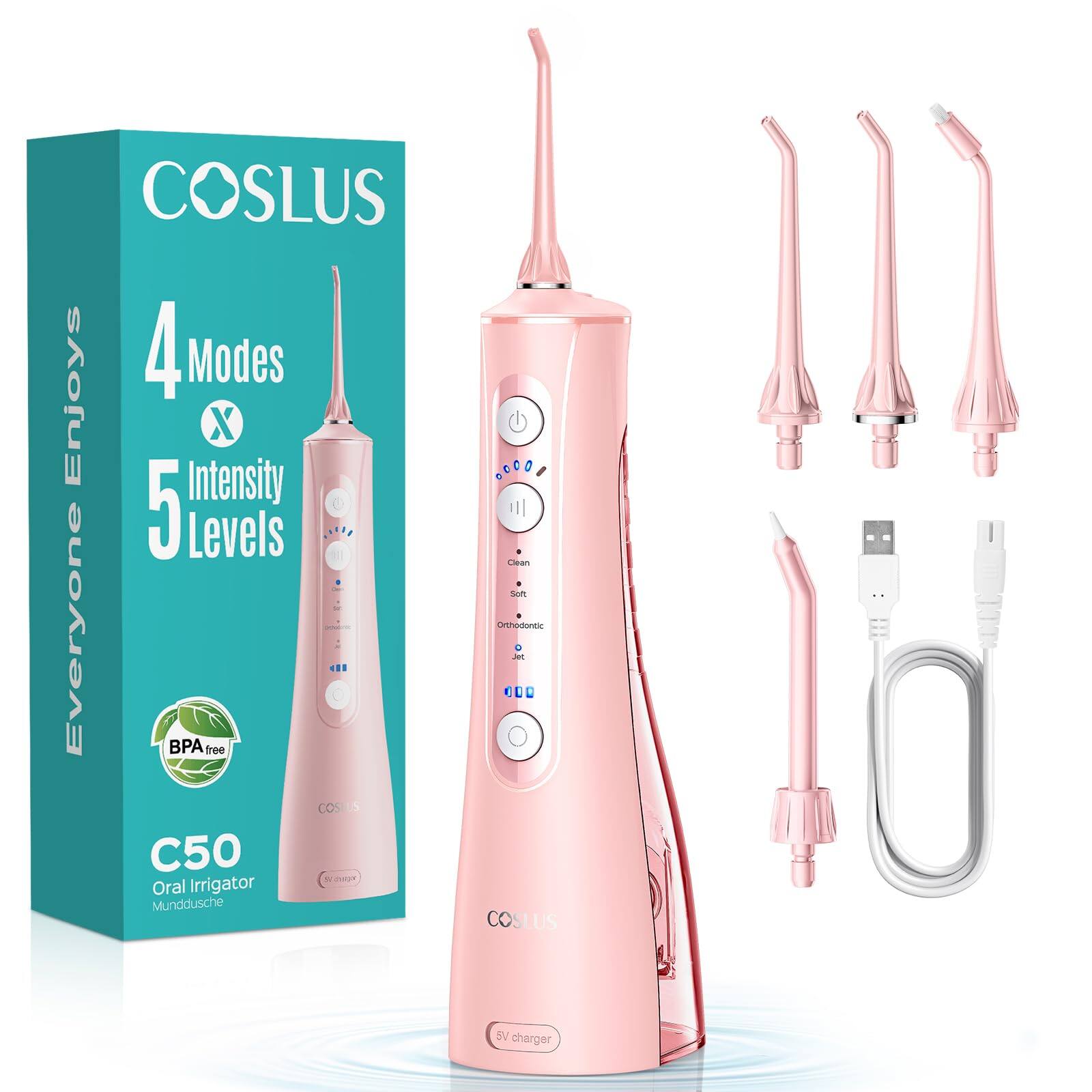 COSLUS Enjoys 4 Modes X Intensity 5 Levels Everyone BPA free. COS 5 C50 Oral Irrigator Munddusche: 3 Cian Som orhodoncc - a 000 COSLUS SV charger