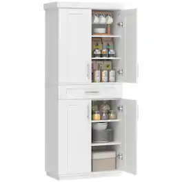 PULUZ - Modern Kitchen Pantry Freestanding Cabinet Cupboard with Doors and Drawer, Adjustable Shelving - White