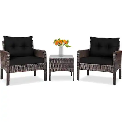 Front. Hivvago - 3-Piece Brown PE Rattan Outdoor Dining Patio Furniture Set with Black Cushions - Black, Brown.