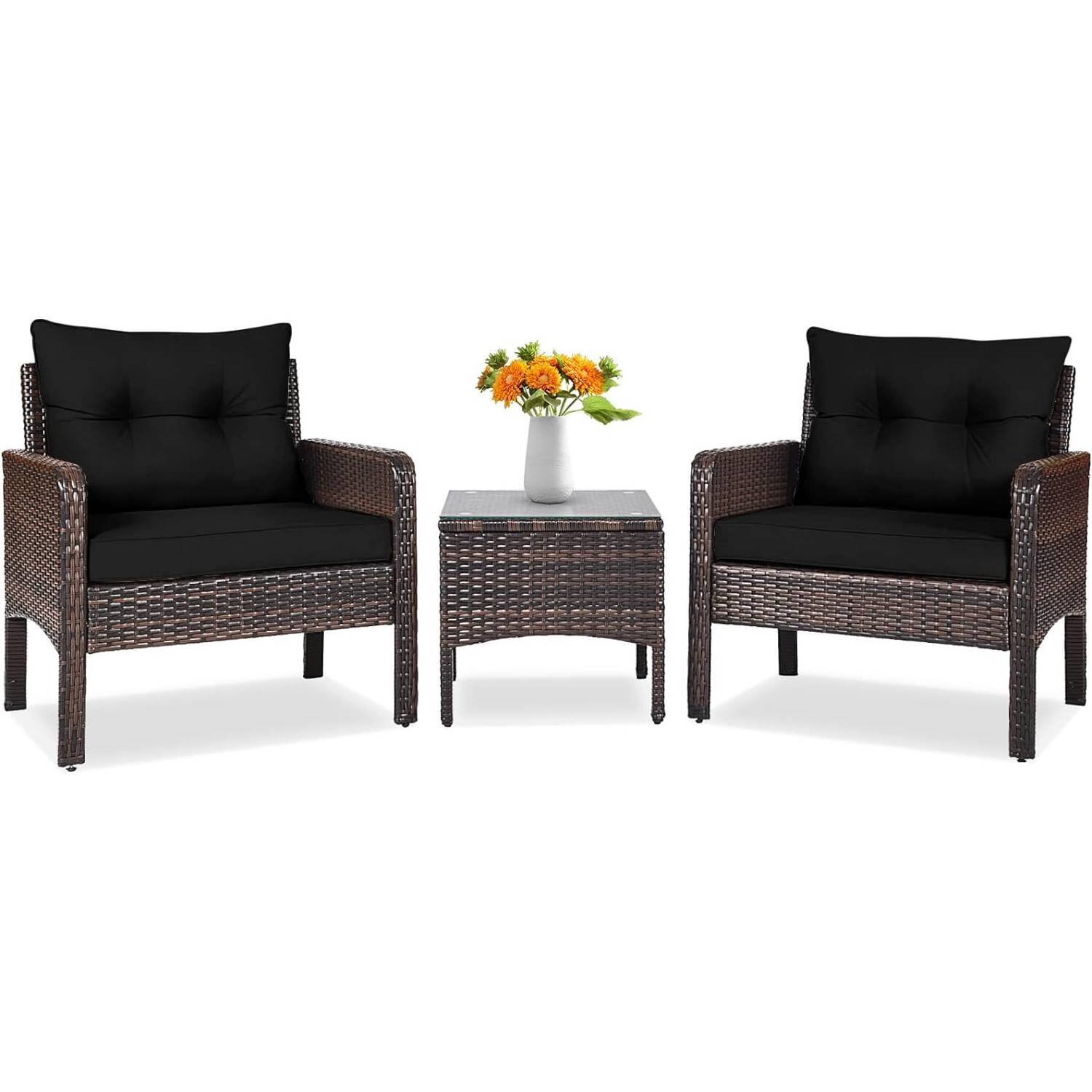 Front. Hivvago - 3-Piece Brown PE Rattan Outdoor Dining Patio Furniture Set with Black Cushions - Black, Brown.