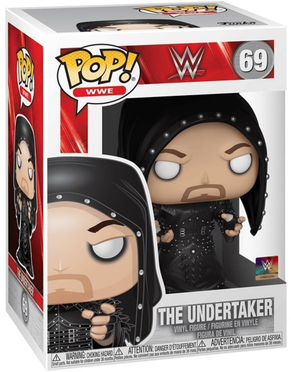 The text on the image is:

"POP! WWE 69 THE UNDERTAKER VINYL FIGURE / FIGURINE EN VINYLE / FIGURA DE VINIL. WARNING: CHOKING HAZARD. ATTENTION: DANGER DE SOUFFETEMENT. ADVERTENCIA: PELO DE ASFIXIA. Not suitable for children under 36 months. Ne convient pas aux enfants de moins de 36 mois. Pequeñas piezas. Small parts."