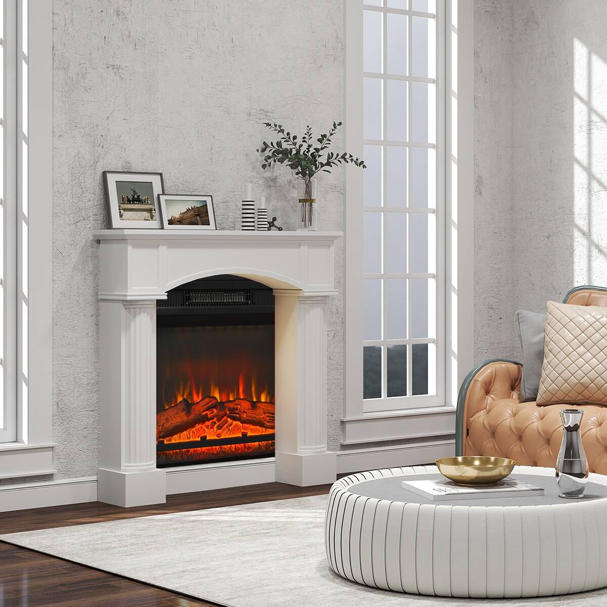 Angle. Loheer - Loheer Modern White Fireplace Mantel Freestanding Fireplace Surround 43.3in W - White.