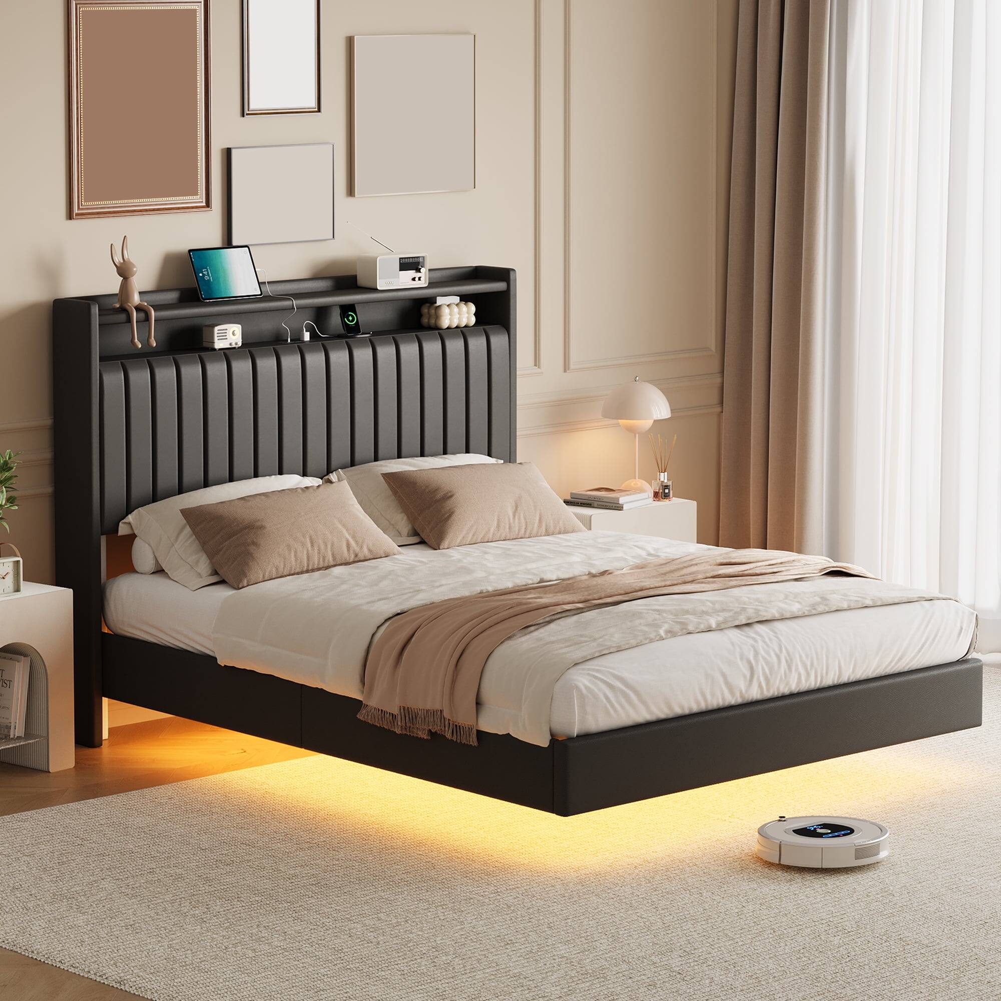 Back. GARVEE - Floating Bed Frame Full Size Black RGB LED Lights Leather Storage Headboard - Black Full.