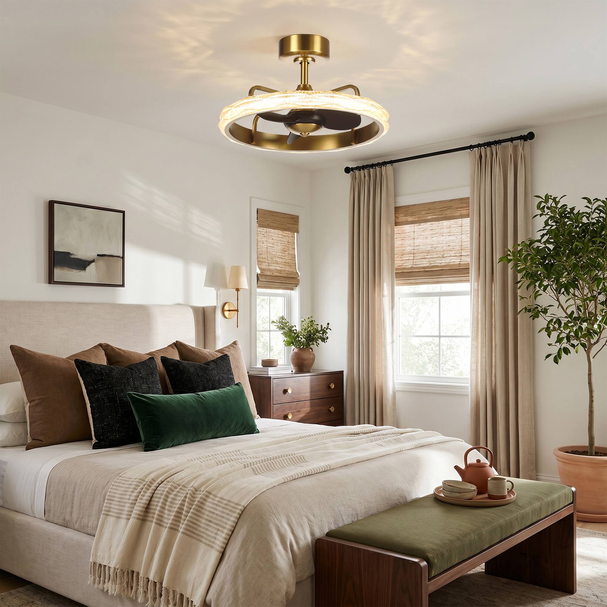 Back. Parrot Uncle - 24 Inch Gold Acrylic LED Ceiling Fan  Dimmable Caged Chandelier Bladeless Fan with Remote and 6 Speed DC Motor - Gold.