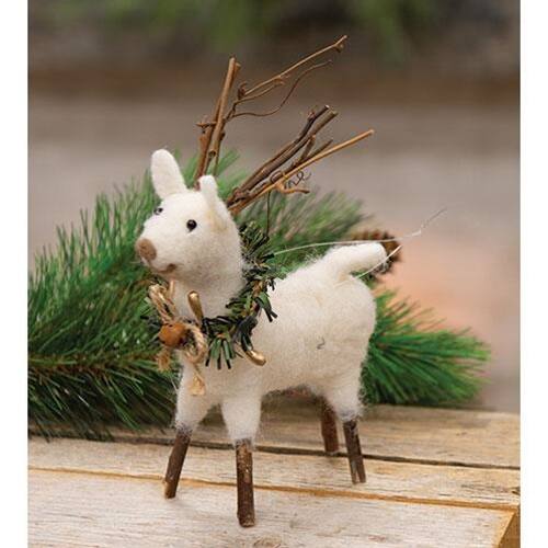 Angle. BreeBe - Small Felted White Standing Reindeer Ornament - White.