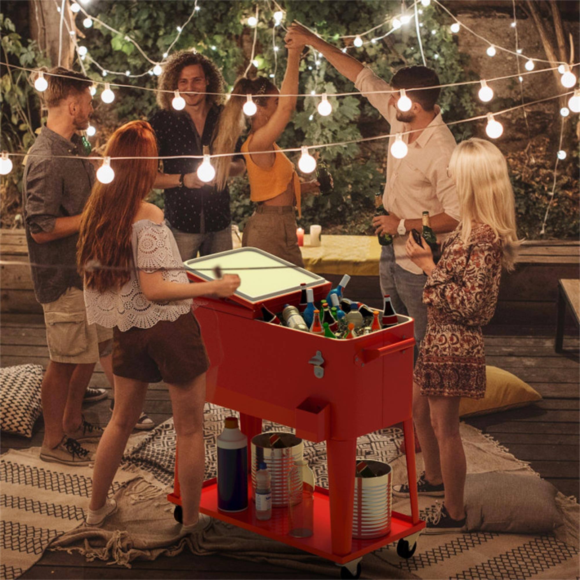 Alt View 3. Boyel Living - Black 80 Quart Outdoor Patio Rolling Steel Cooler with 4 Wheels 2 Brakes Bottle Opener - Red.