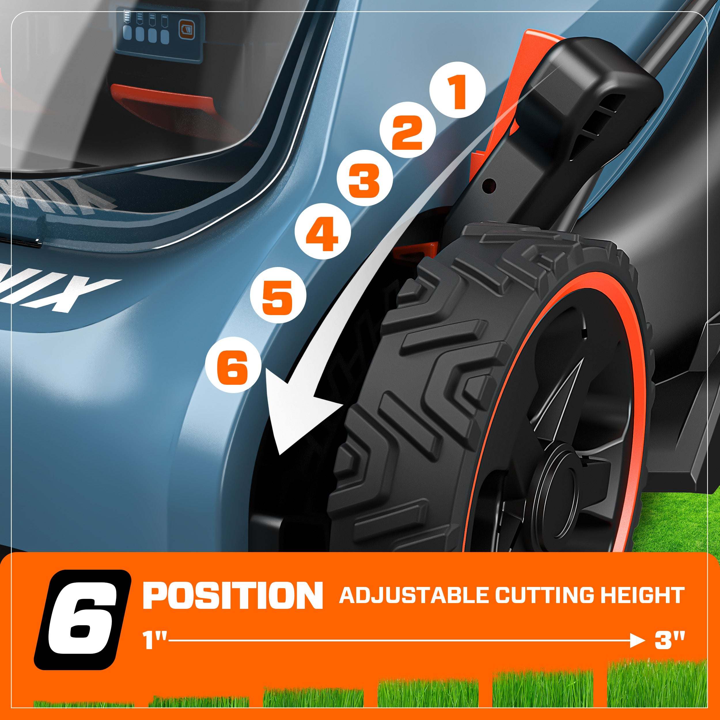6 POSITION ADJUSTABLE CUTTING HEIGHT  
1" - 3"
