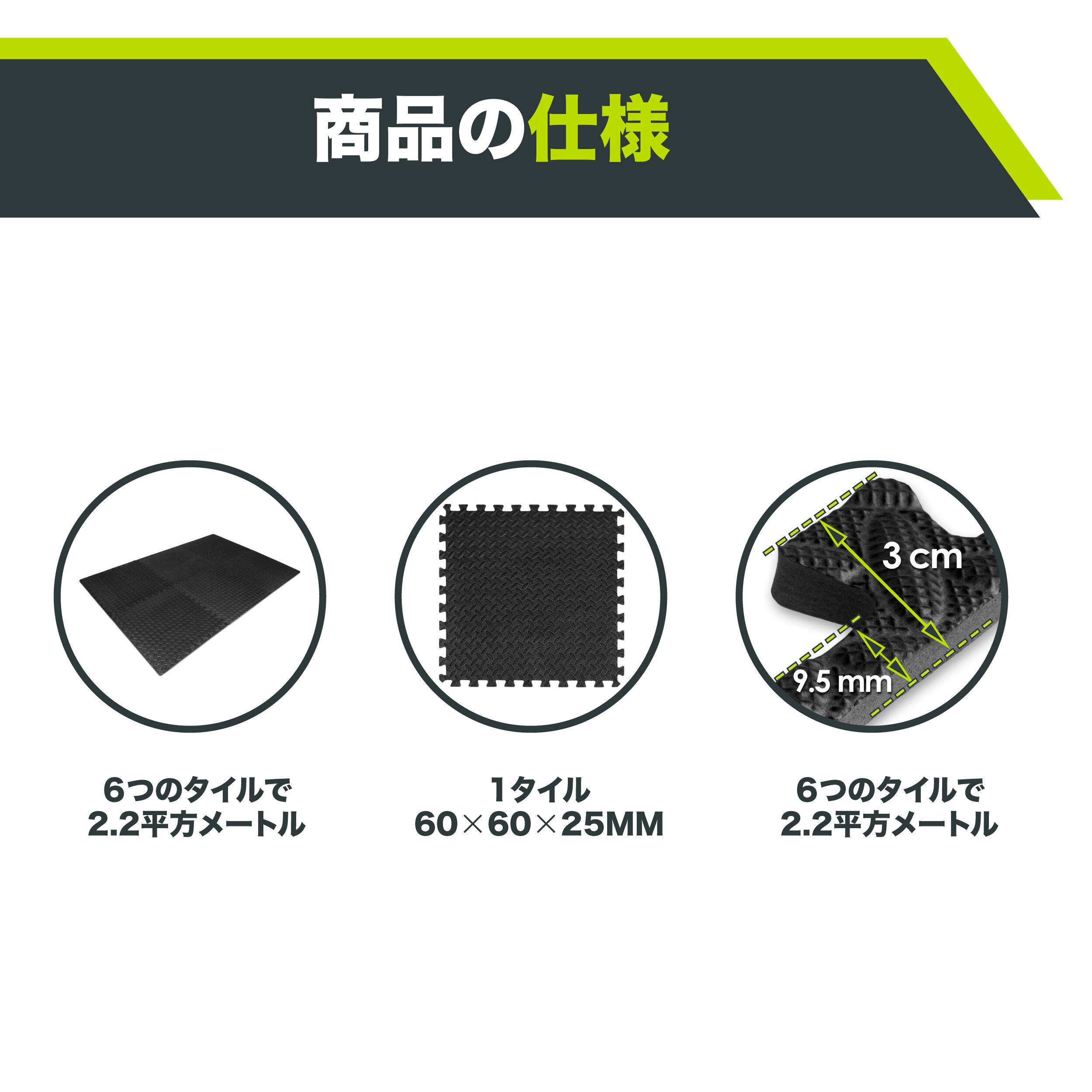 Sure, here is the corrected and grouped text:

- 3 cm
- 9.5 mm
- 6つのタイルで 2.2平方メートル
- 1タイル 60×60×25MM
- 6つのタイルで 2.2平方メートル