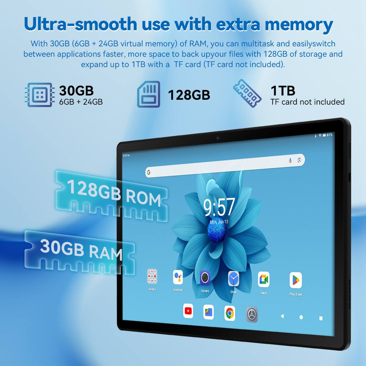 Ultra-smooth use with extra memory

With 30GB (6GB + 24GB virtual memory) of RAM, you can multitask and easily switch between applications faster, more space to back up your files with 128GB of storage and expand up to 1TB with a TF card (TF card not included).

- 30GB RAM
- 6GB + 24GB
- 128GB ROM
- 1TB TF card not included