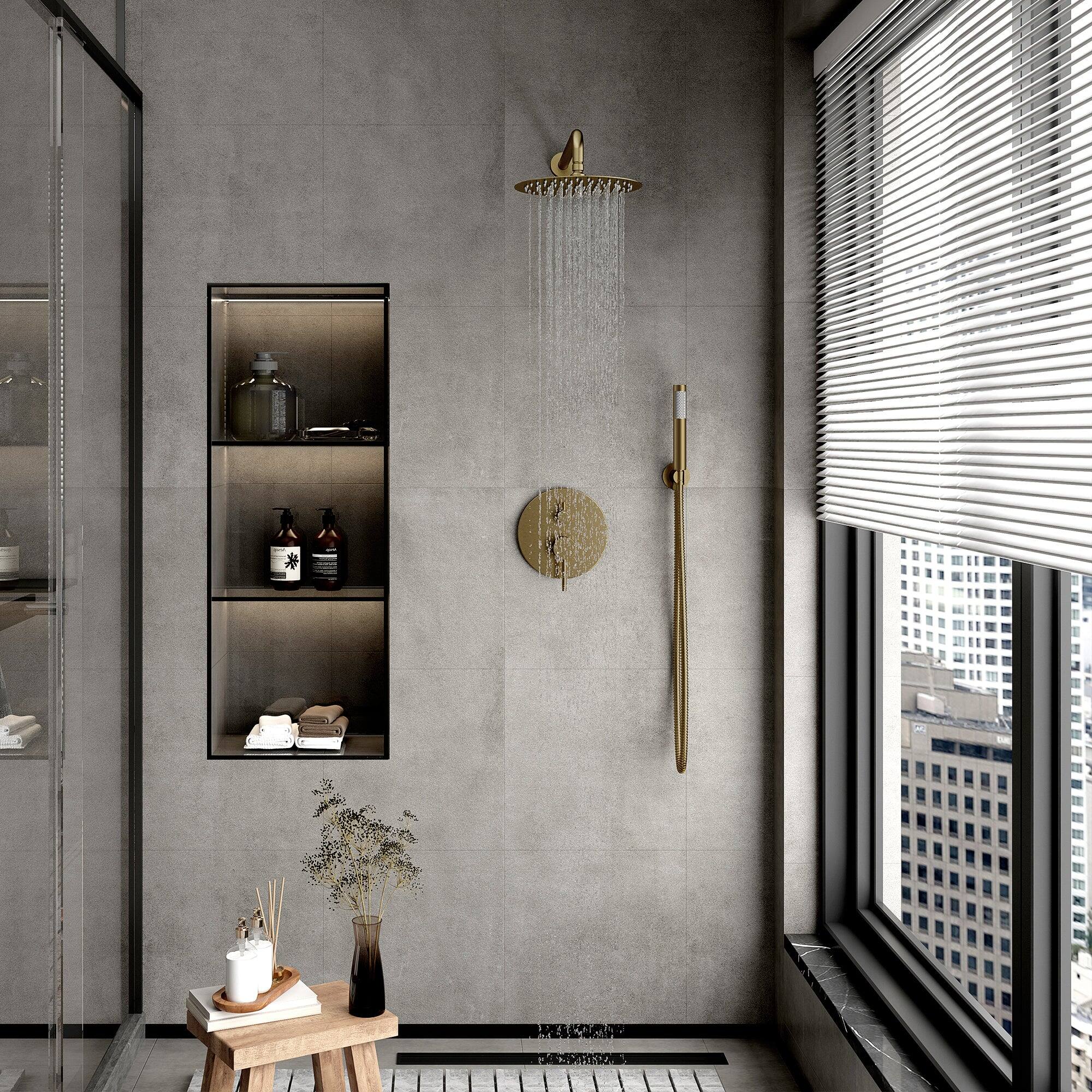 Alt View 4. Boyel Living - 1-Spray 10 in. Round Wall Mount Fixed and Handheld Shower Head 1.8 GPM with Pressure Balance Valve in Brushed Gold - Brushed Gold.