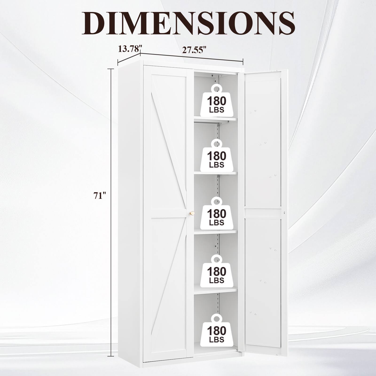 DIMENSIONS  
13.78" x 27.55" x 71"  
180 LBS (each shelf)