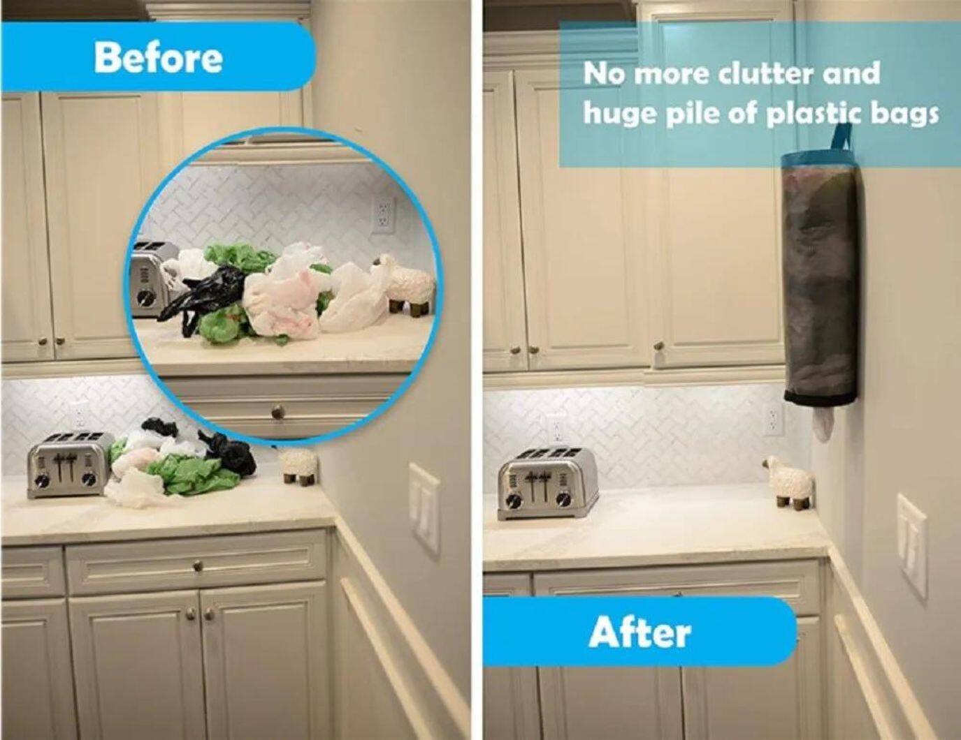 Before  
No more clutter and huge pile of plastic bags  
After