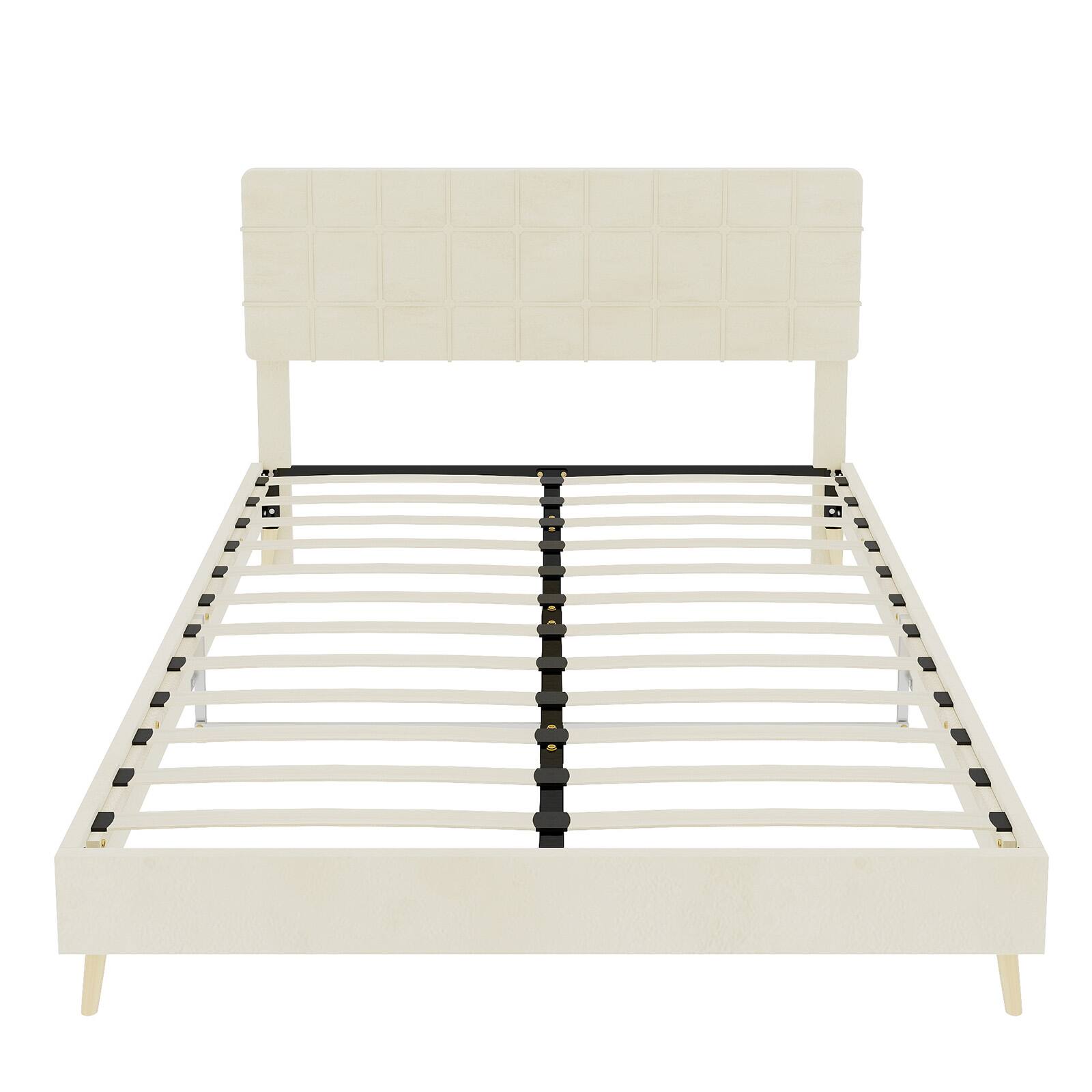 Back. Loheer - Loheer Beige Upholstered Queen Bed Frame with Soft Padded Headboard Modern Minimalist Bedroom Furniture - Beige.