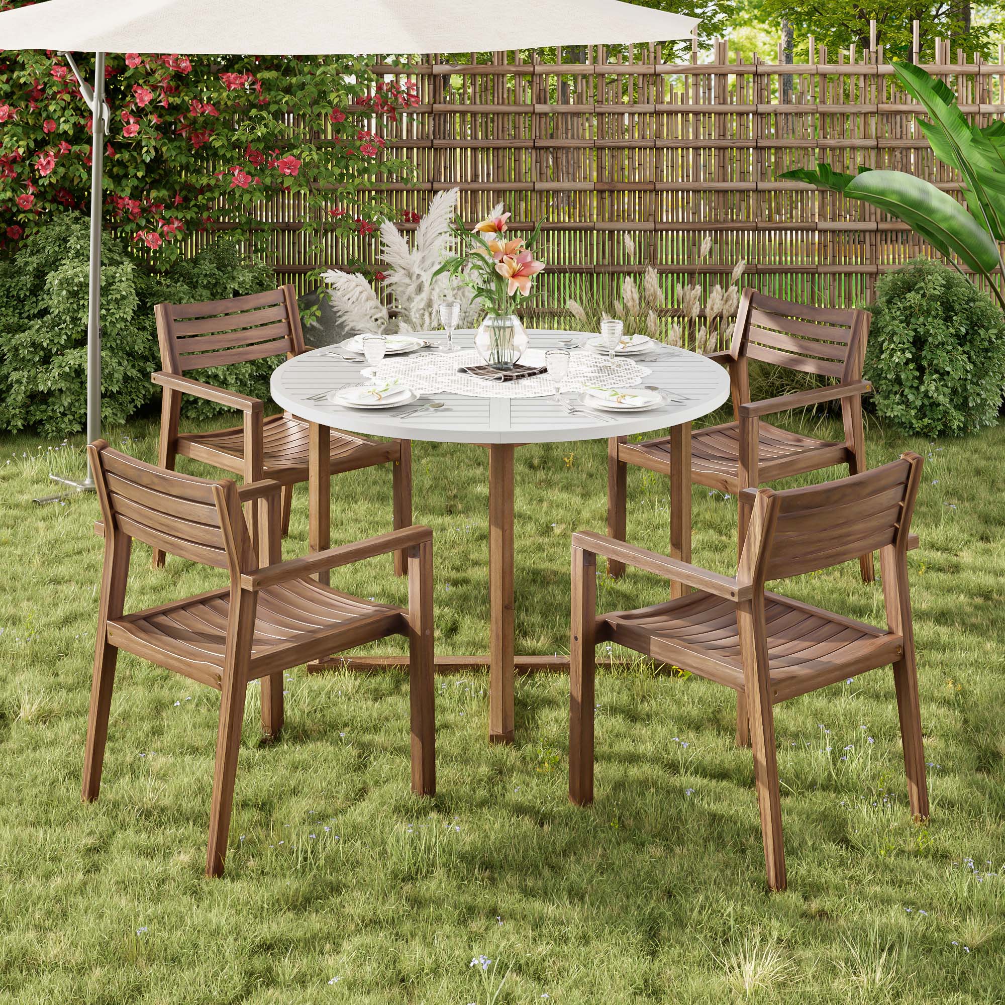 Angle. Mondawe - 5-Piece Outdoor Dining Set with 4 Acacia Wood Chairs,47.2" Round Dining Table with Umbrella Hole - Brown+White.