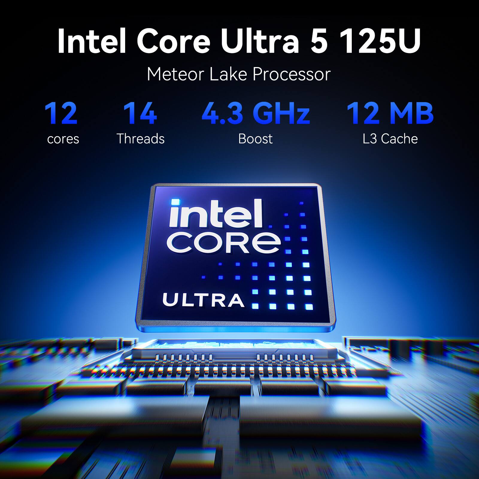 Intel Core Ultra 5 125U Meteor Lake Processor  
12 cores  
14 Threads  
4.3 GHz Boost  
12 MB L3 Cache