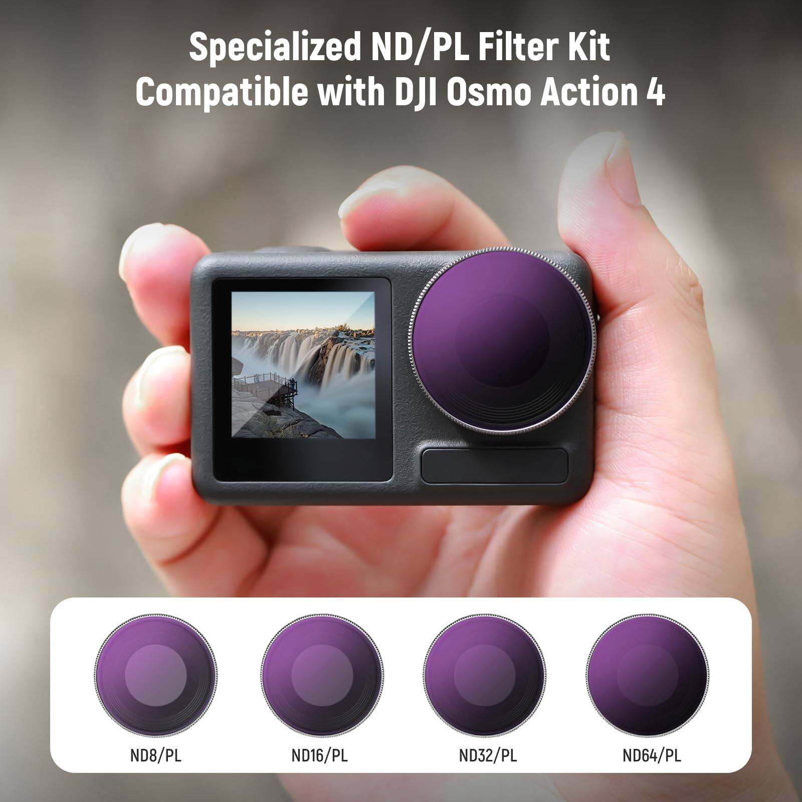 Specialized ND/PL Filter Kit  
Compatible with DJI Osmo Action 4  

ND8/PL  
ND16/PL  
ND32/PL  
ND64/PL