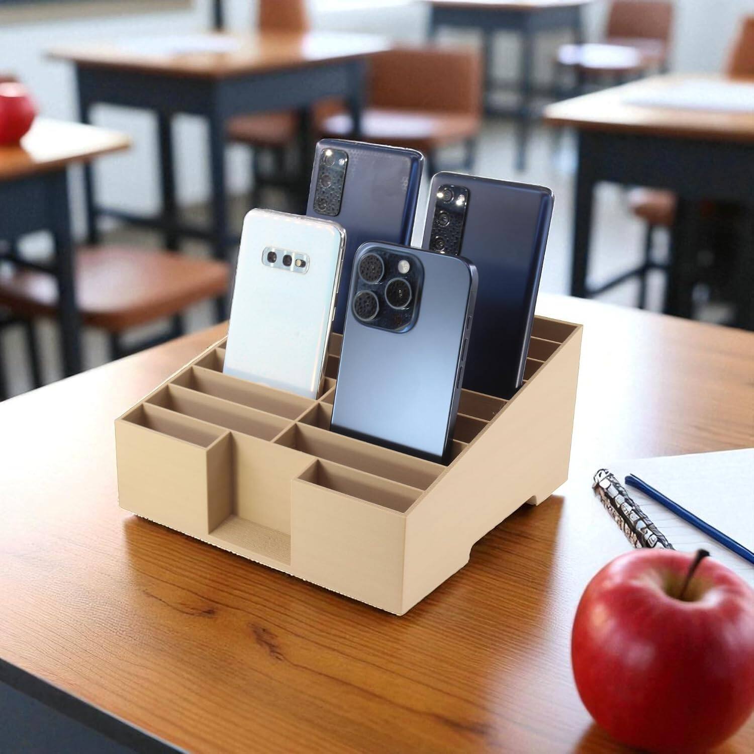 Angle. JuzToys - 16-Grid Cell Phone Holder for Classroom, Office Desktop Organizer Storage Box Mobile Phone Management by PowerTRC - Brown.